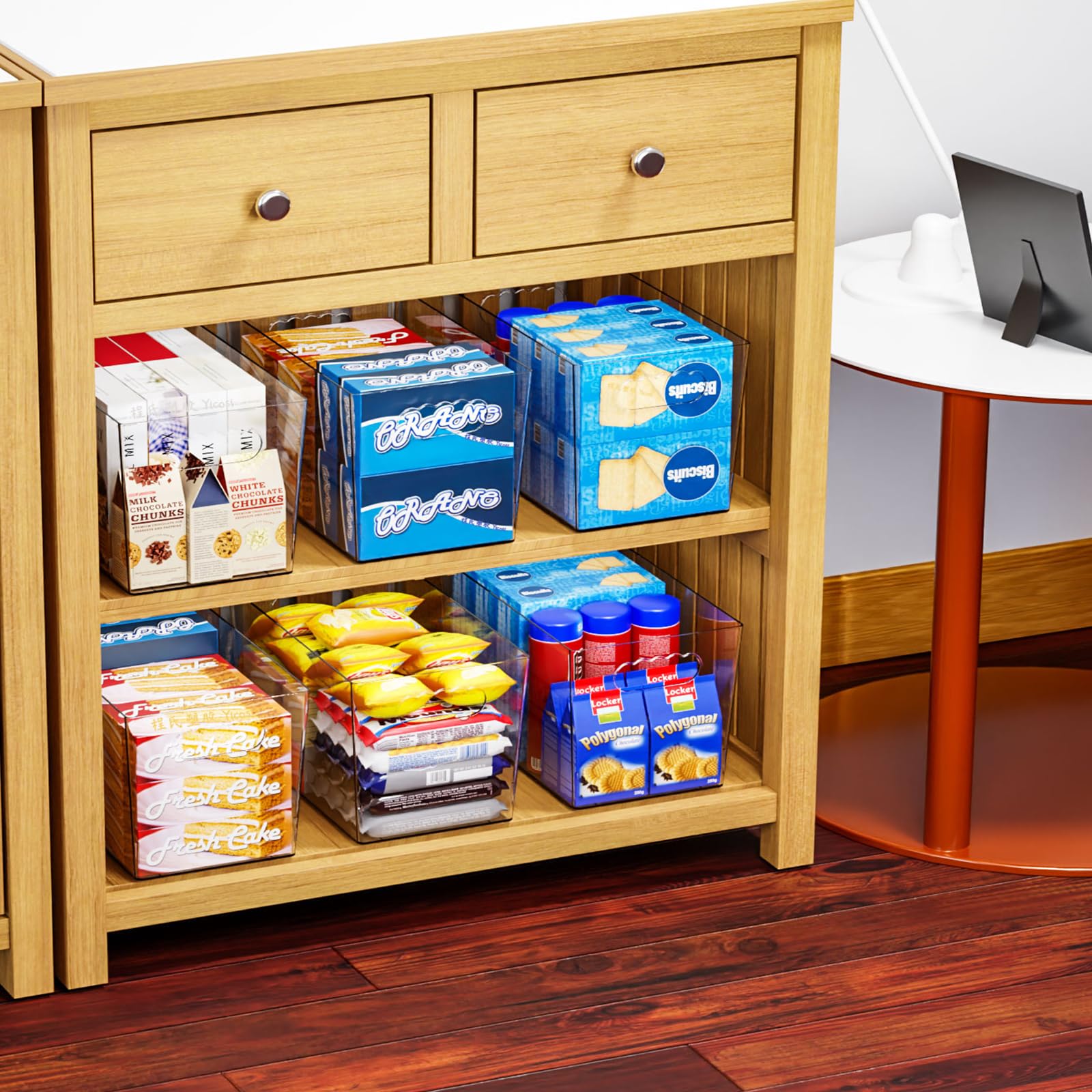 Paquete de 6 contenedores de plástico transparente para organizar, con asa, contenedores organizadores grandes de despensa de 11 pulgadas para estantes, aperitivos, alimentos o suministros de limpieza