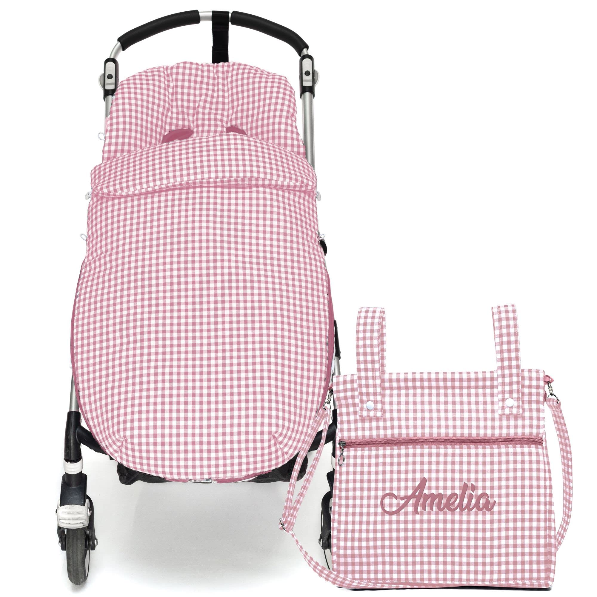 Conjunto de Saco Silla de paseo Universal + Bolso Panera Personalizada – Conjunto Saco Universal + Talega o bolsa para carrito bordada con nombre – Vichy Rosa maquillaje – Nenel