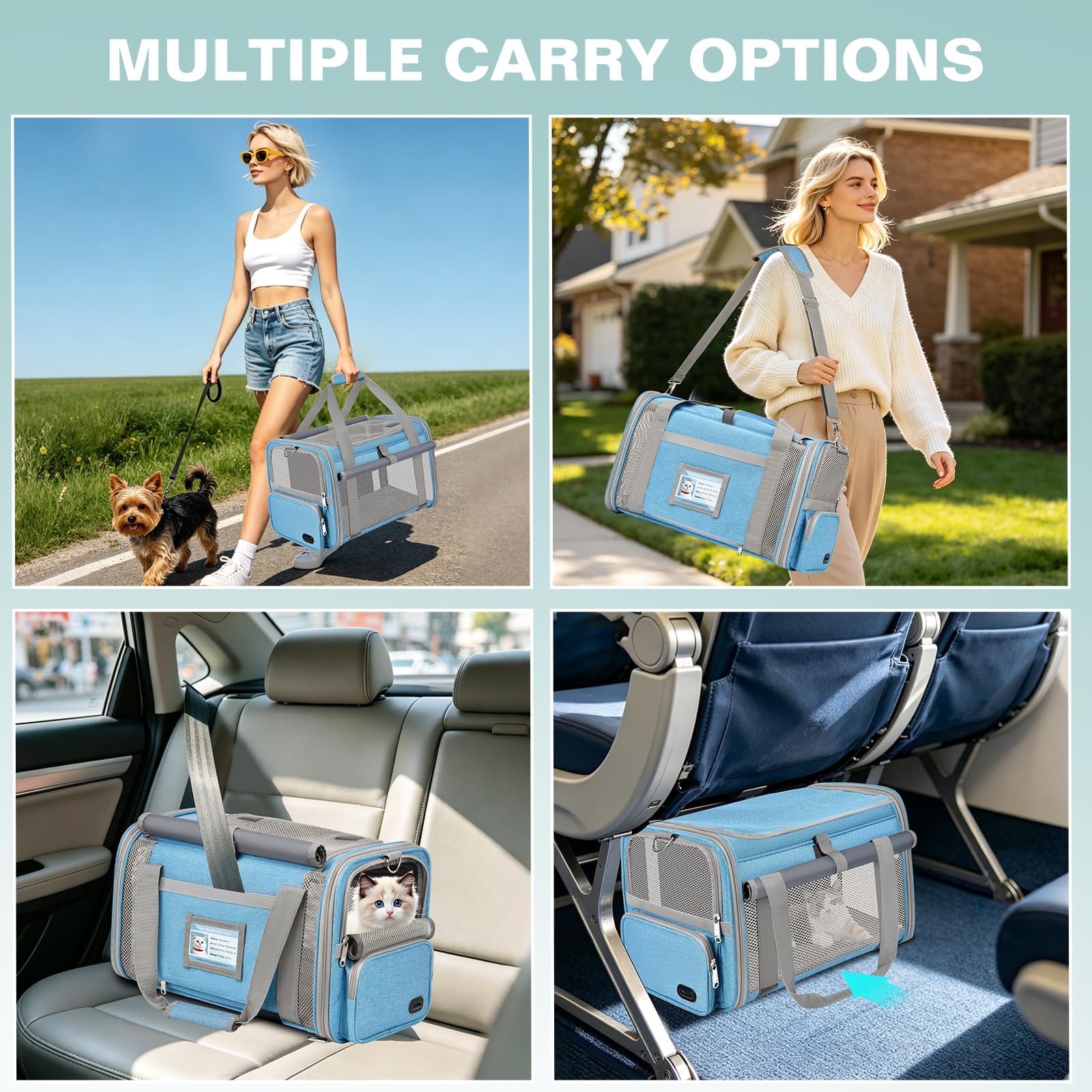 Katzentransportbox Flugzeugtauglich Hundebox Faltbar Weichseitige Transportbox Katze mit Innenleine Belüftung Katzentransporttasche für Reisen Auto Tierarzt bis 10kg (Himmelblau)