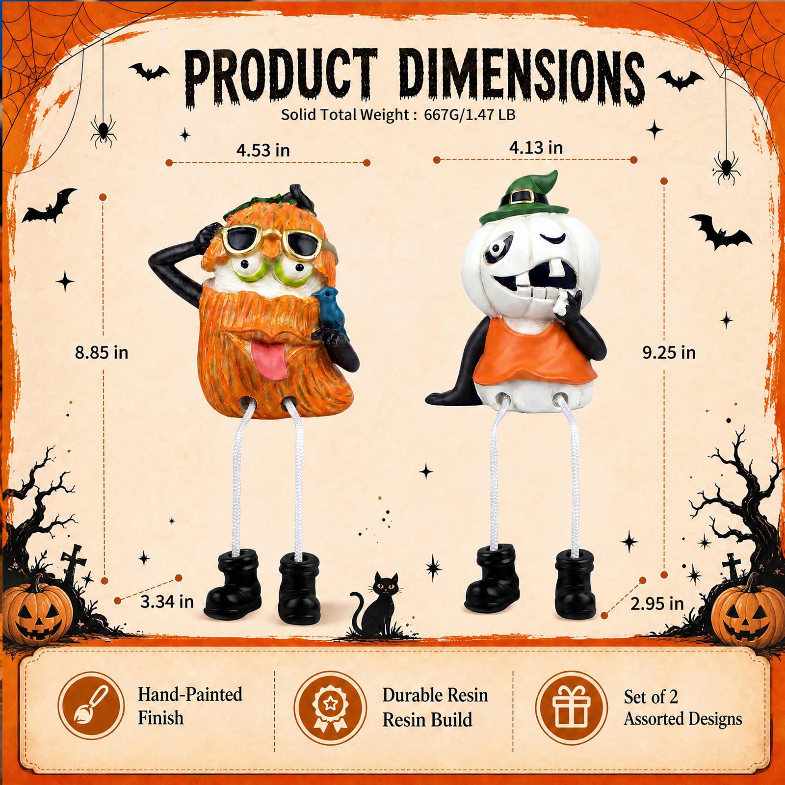 XJar Set di 2 statuette da mensola, zucche di Halloween con gambe