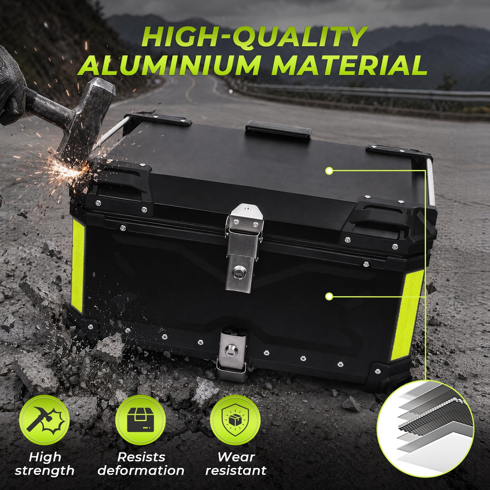 Baúl para motocicleta de aluminio, 65 L, color negro, gran maletín, universal con placa de montaje, acolchado trasero y forro interior, caja superior impermeable con candado para viajes y