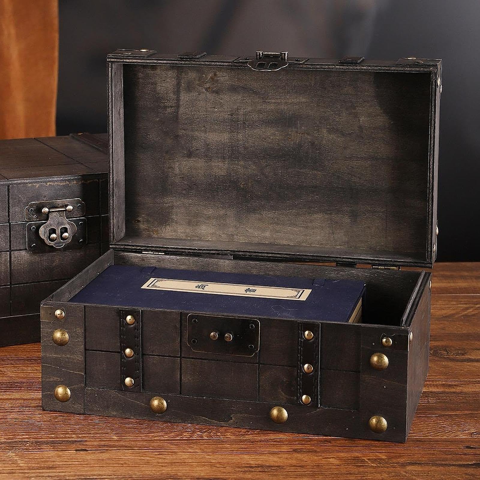 Baúl Pirata Caja de Recuerdos Contenedor Portátil Vintage Tapa Abatible Material de Madera Aleación Adecuado para Almacenaje Regalos, 33 Cm X 20 Cm X 14