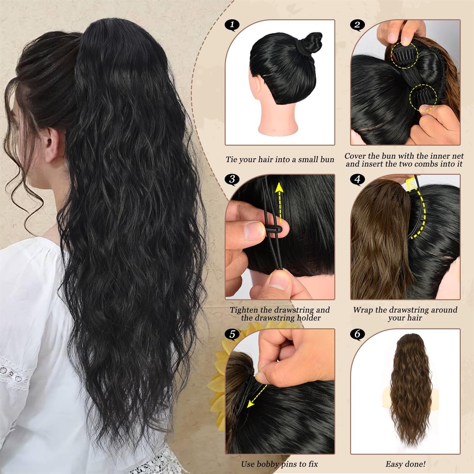 Cola de Caballo Extensión de cabello de cola de caballo for mujer, postizos de cola de caballo con cordón ondulado y rizado largo, cola de caballo falsa sintética, negro, Rubio y rojo Chica Postizos d