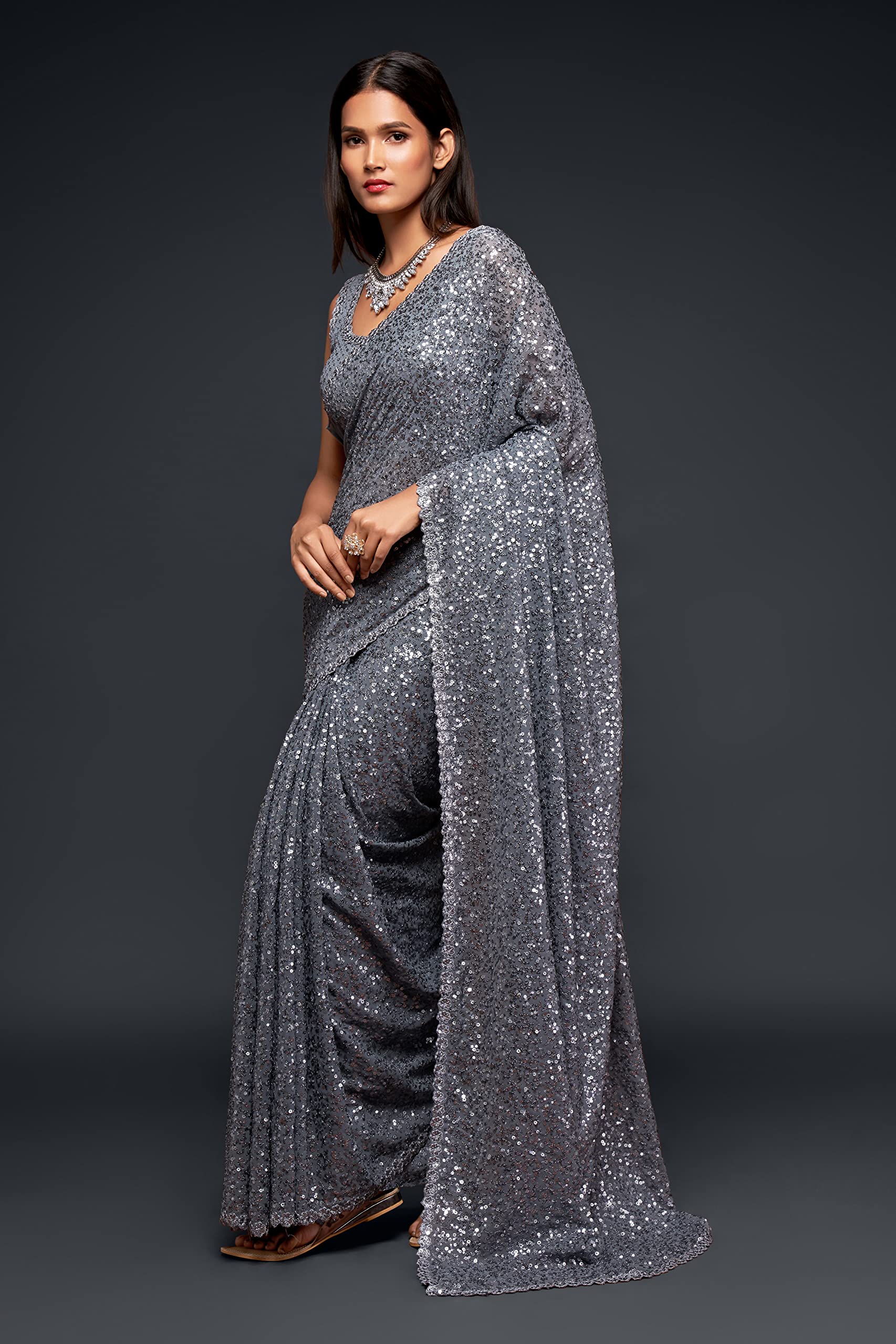 Zeel Clothing Women's Grey Sequins Work Heavy Georgette Saree with Blouse (1007-Slate-Grey-Sequins-Party-Saree, Slate Grey) 1