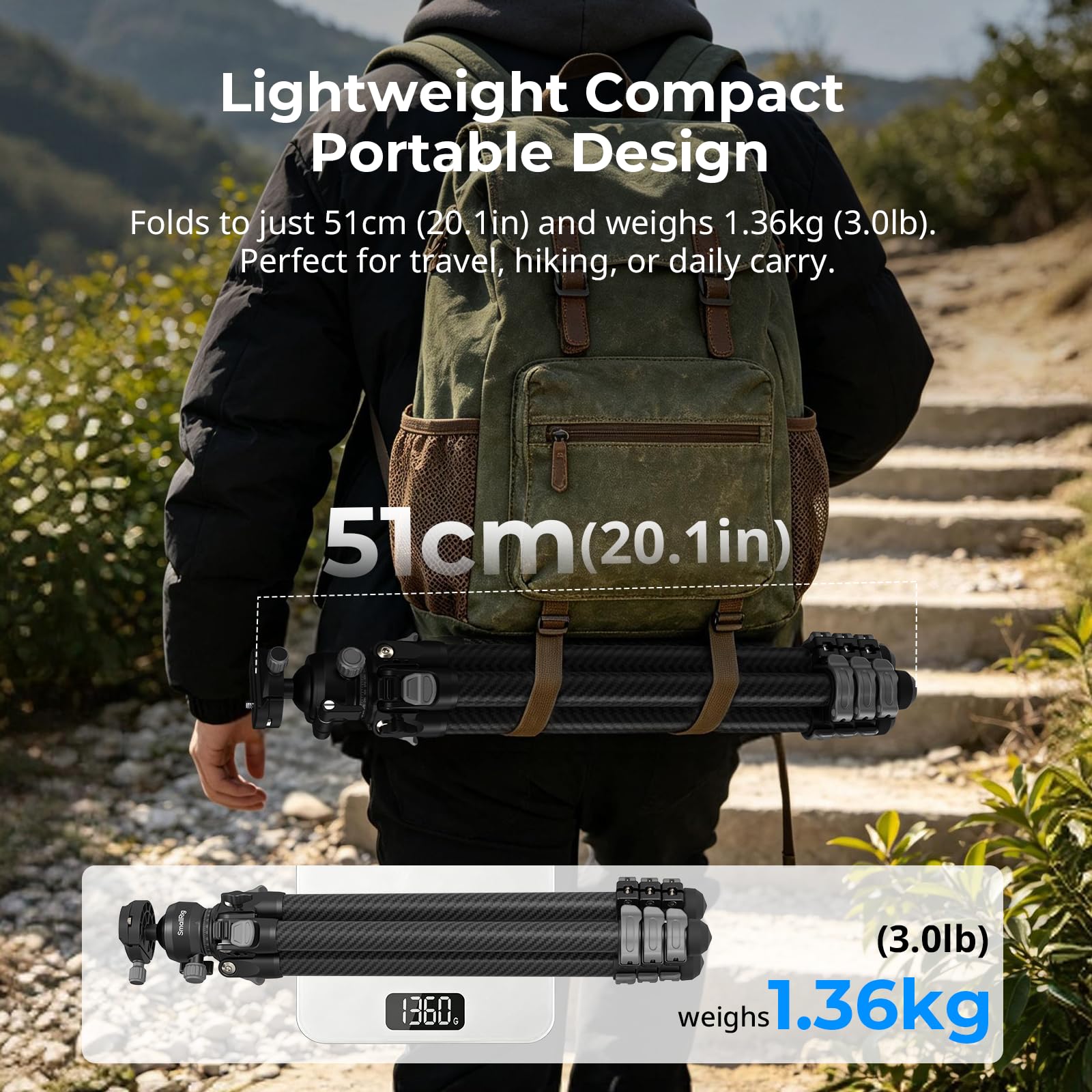 SMALLRIG Trípode portátil de Viaje para fotografía, trípode Compacto de Fibra de Carbono, soporta hasta 5 kg, rótula Suave con Disparo Vertical de 90°, Columna Central Reversible de 180° - 5876