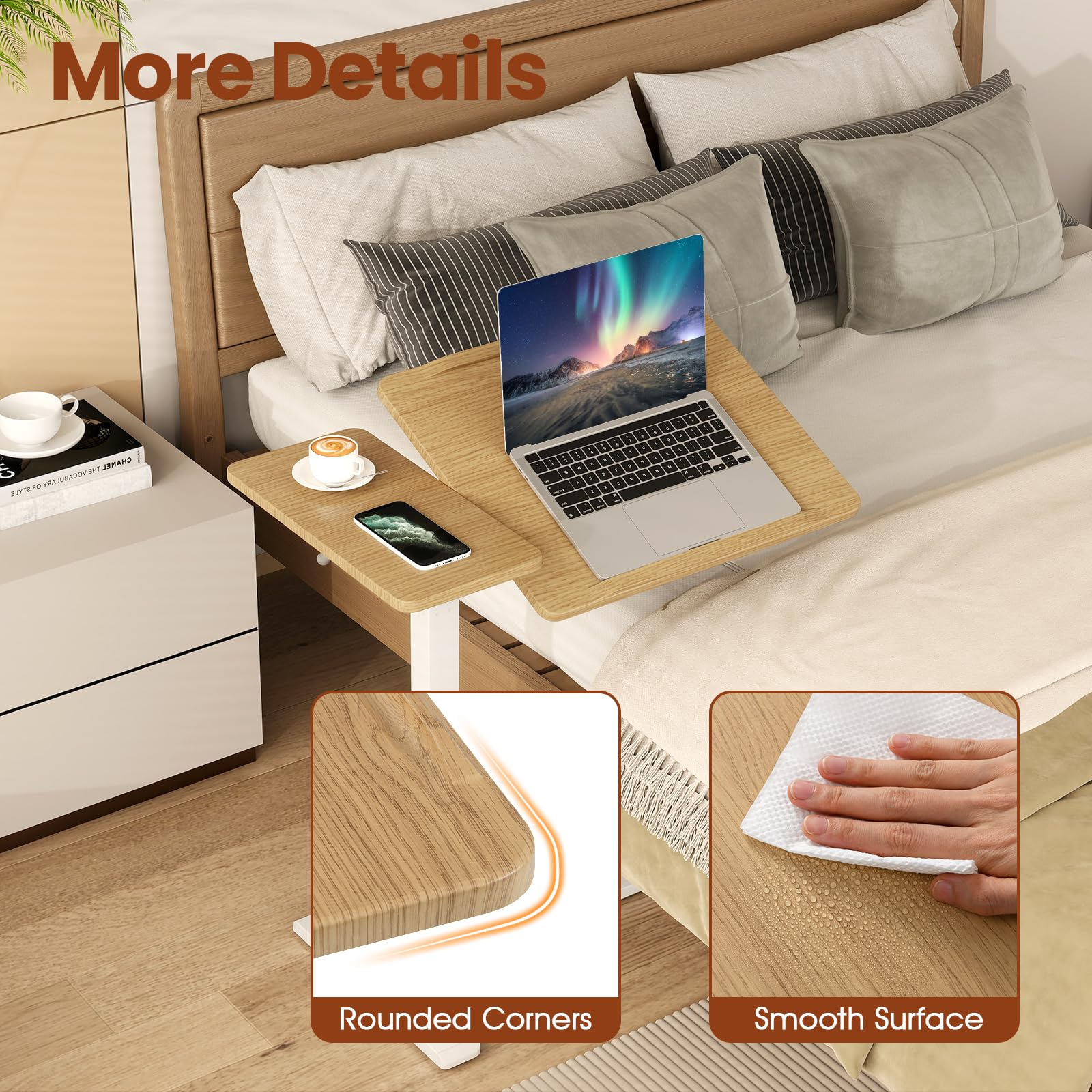 Lifezeal - Mesa de Cama Móvil, Mesa de Cama en Forma de C con Bandeja Reclinable y Topes de Borde para Ordenador, Escritorio Regulable en Altura con Ruedas Giratorias de 360° para Dormitorio Salón