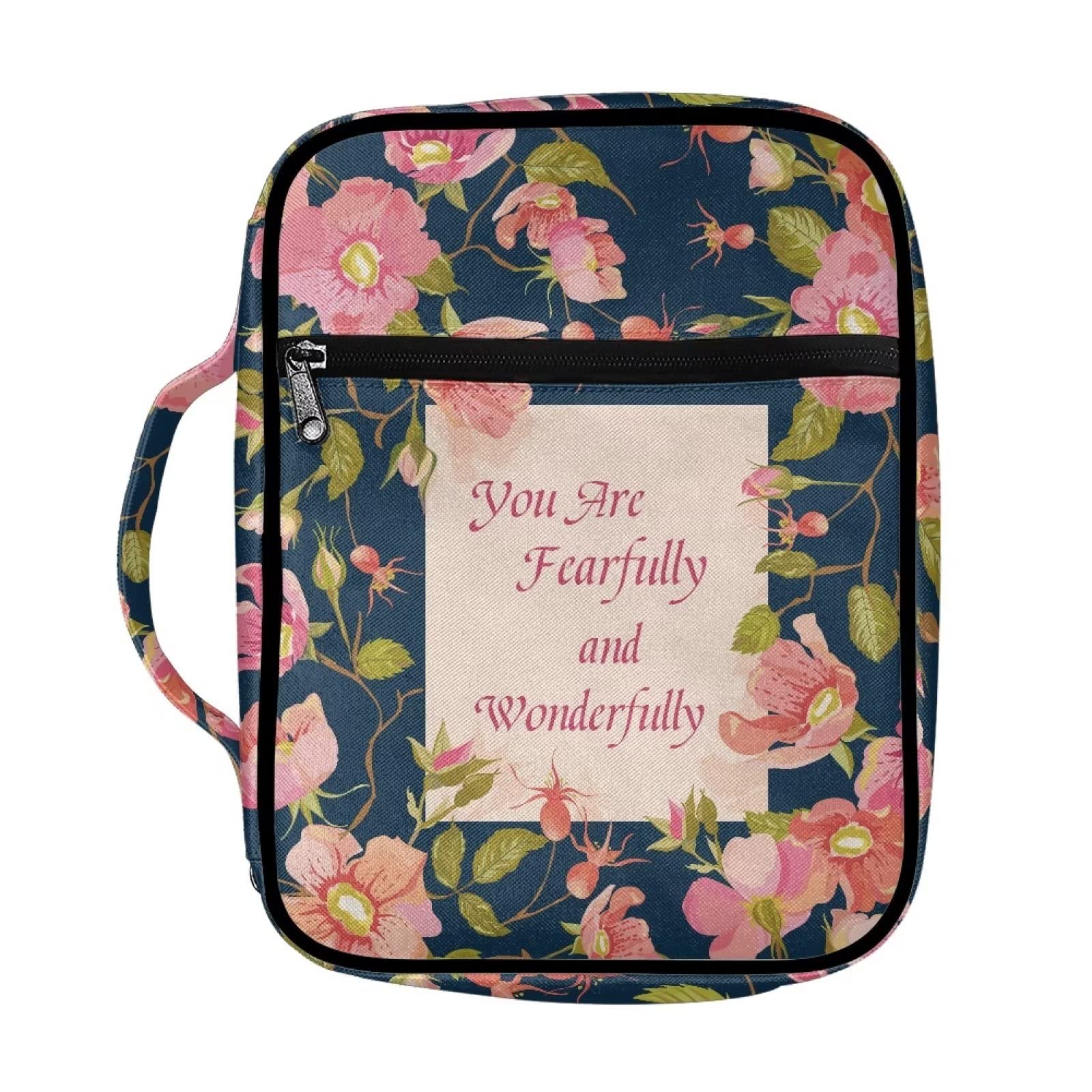 SEANATIVE Bible Cover Case for Women Boho Pink Floral Bible Covers Bible Tote Pouch Carrying Book Organizer Church Bible Protective Holder,You are Fearfully and Wonderfully