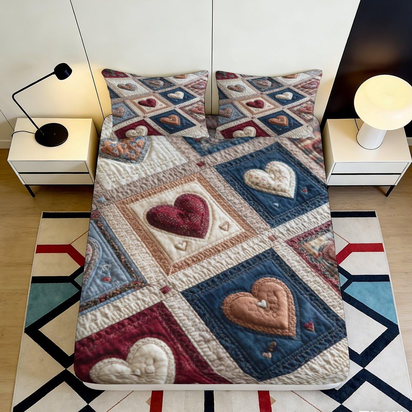 3D Printed Patchwork Heart Fitted Sheet Microfiber Soft Non-slip Bed Sheet for Bedroom Dorm Decor 90x200x25cm