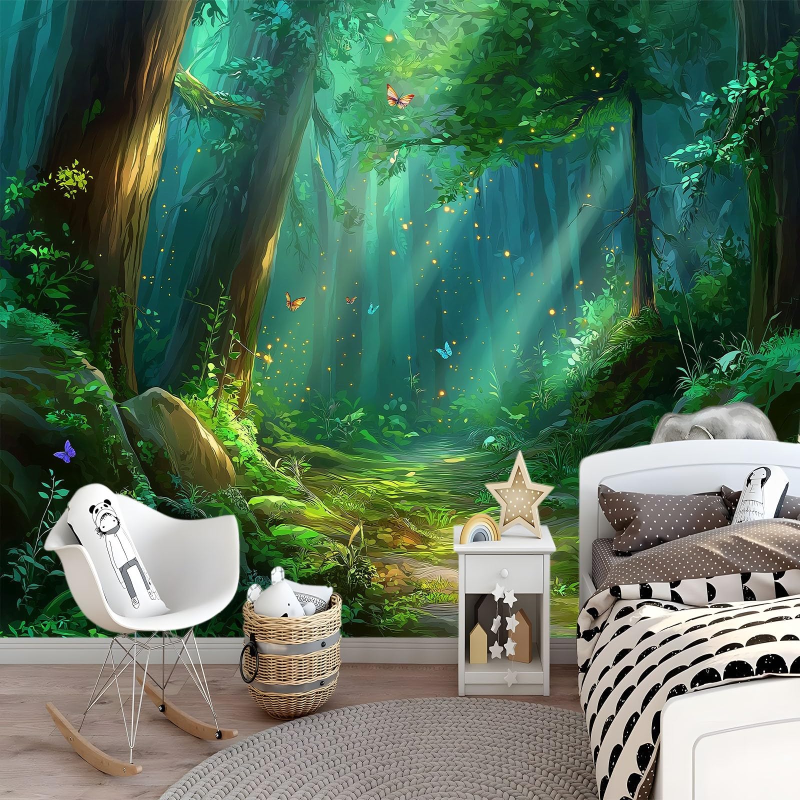 Générique Panoramiczna tapeta fantasy las dżungla roślina motyl ciemnozielony, tapeta z włókniny 3D, do pokoju dziecięcego i salonu, dekoracja ścienna XXL, 350 x 256 cm