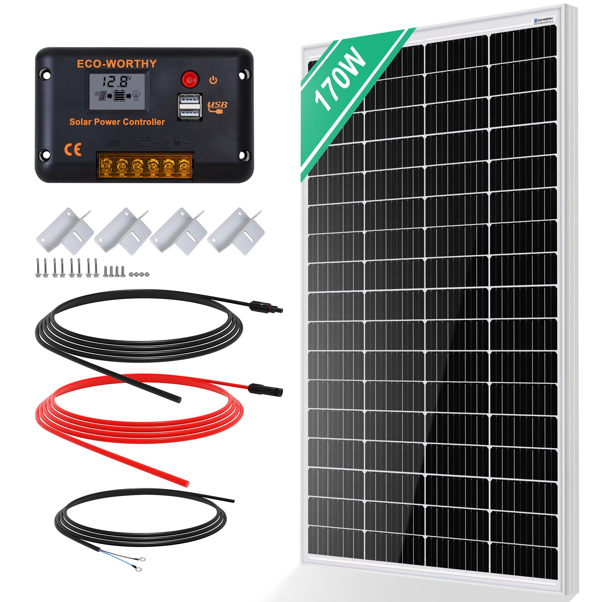 ECO-WORTHY Monokrystaliczny panel słoneczny, ogniwo słoneczne zestaw 170 W, zawiera moduł solarny 12 V + regulator ładowania solarnego 30 A + kabel solarny 5 m + klamry mocujące Z do przyczep