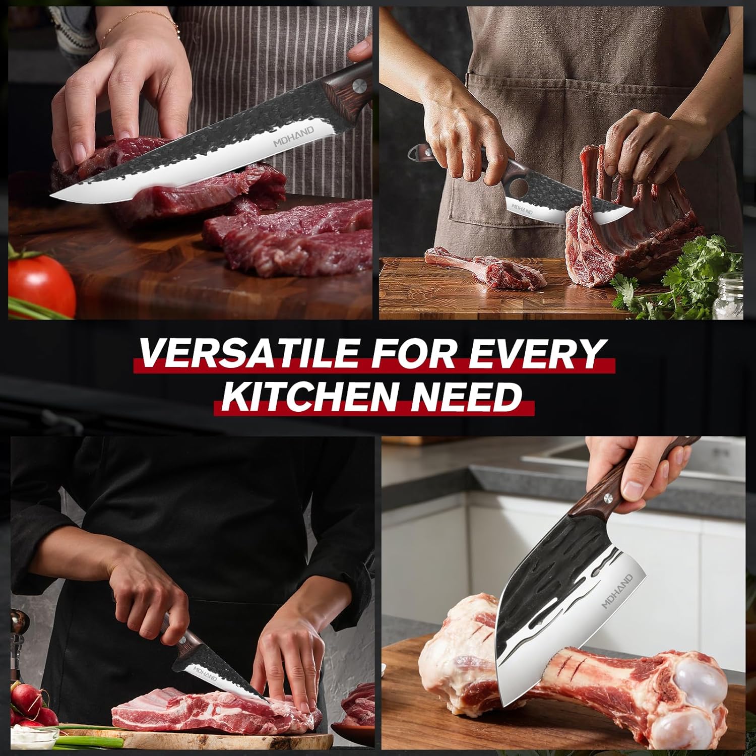 MDHAND Butcher Knife Set, Hand Forged Viking Kitchen Serbian Chef Knife Set with Roll Bag, Heavy Duty Meat Cleaver & Brisket Knives for BBQ, Outdoor Camping, Meat Cutting Tools, Gifts for Men Women