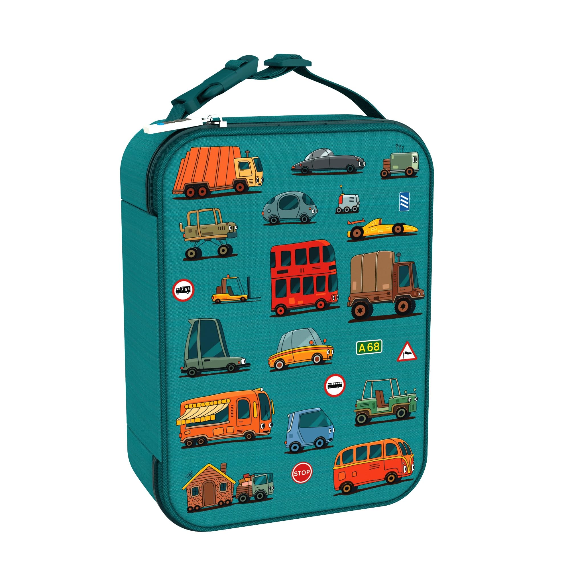 Ion8 Bolsa Térmica Porta Alimentos, Cremallera Fácil Acceso en 3 Lados, Bolsillo Externo para Botellas, Acolchado y Forrado Lavable, Parche de Nombre, Poliéster, Diseño Carros