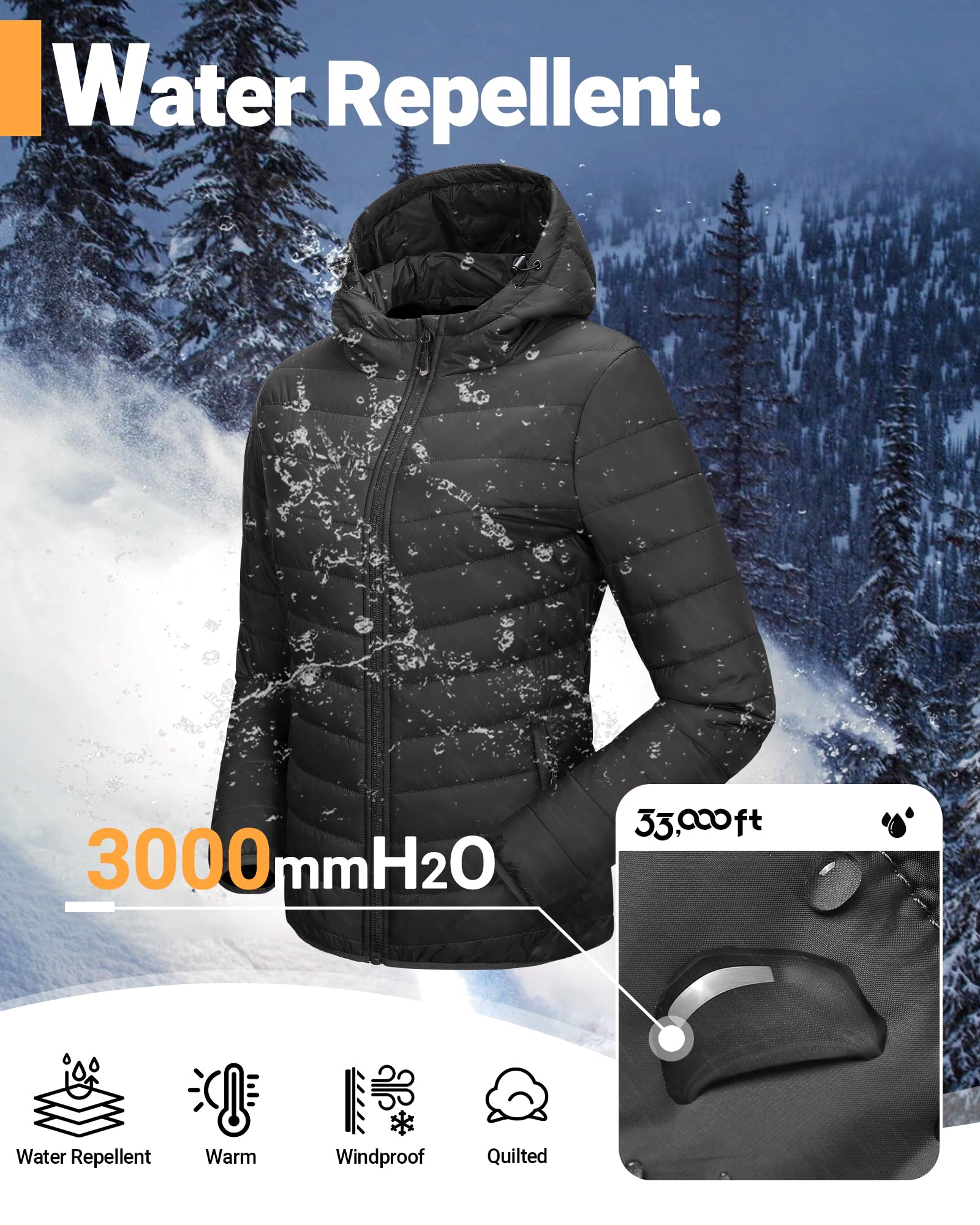 33,000ft Damen Leichte Steppjacke Packbare Übergangsjacke mit Kapuze für Frauen Gefüttert Warme Pufferjacke für Outdoor, Freizeit und Wandern