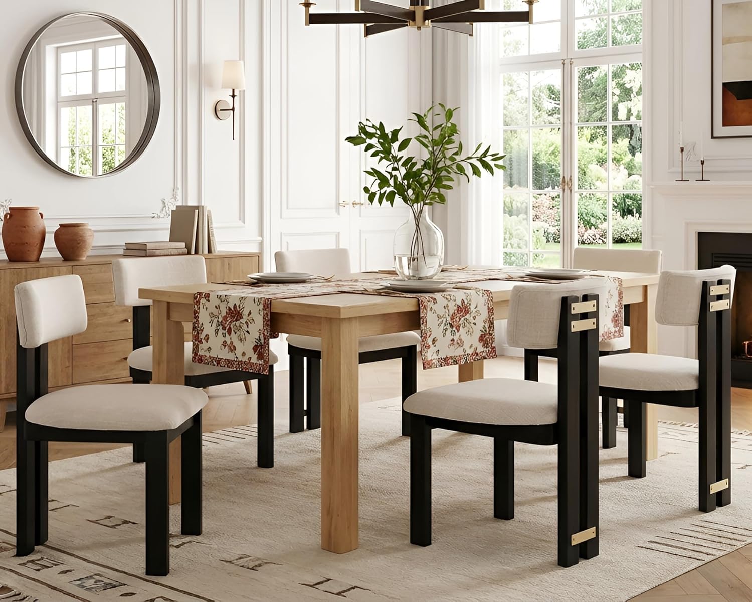 HNY Modern Farmhouse Linen Dining Chairs Set of 4, Beige Fabric Upholstered Dining Room Kitchen Chairs with Black Wood Frame & Curved-Back, Armless Accent Wood Chair for Dining Living Room