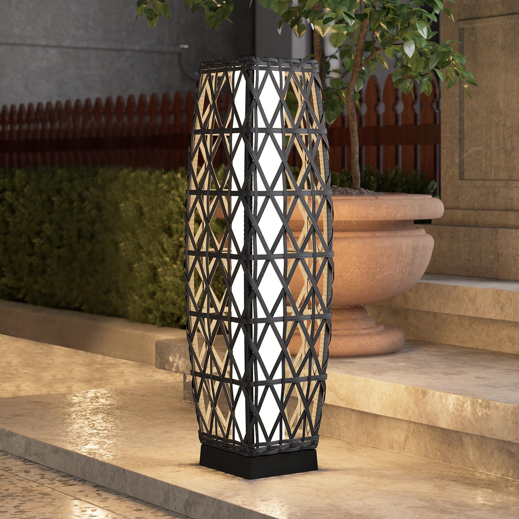 Grand patio Solar Outdoor Floor Lamp Wicker Lantern Decoration Light for Deck Garden Lawn Porch-Medium Cindy, Silver Gray