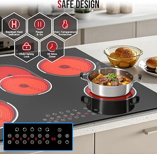 Miniatura 4 de Estufa eléctrica de 30 pulgadas, estufa eléctrica de 5 quemadores incorporada de 8400 W, placa de cocina de cerámica de vidrio de 30 pulgadas con