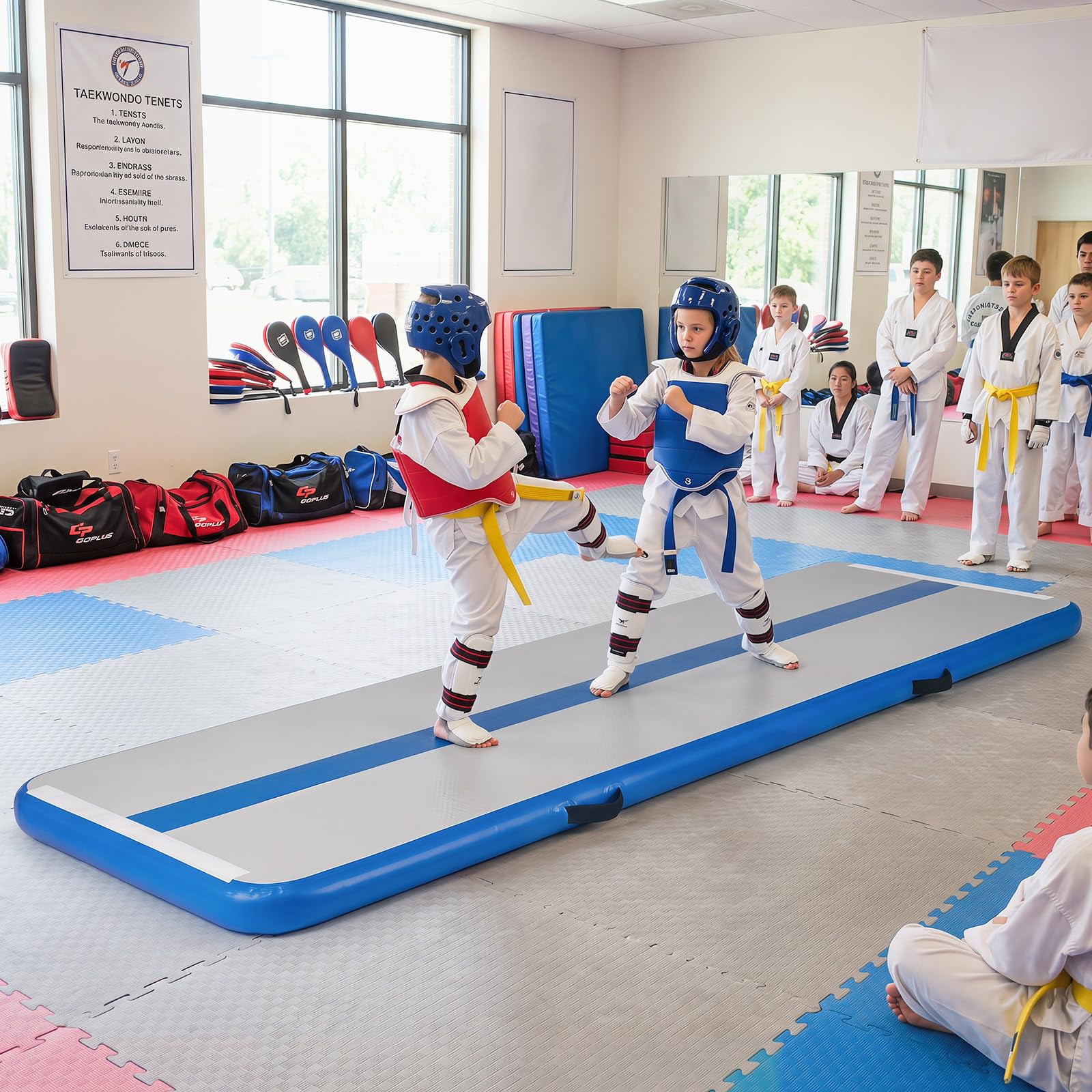 COSTWAY Tappeto Ginnastica Artistica da Casa, Materasso Ginnastica in PVC con Pompa ad Aria e Borsa, Tappetino Gonfiabile per Yoga, Fitness e Allenamento, 297 x 98 x 11 cm