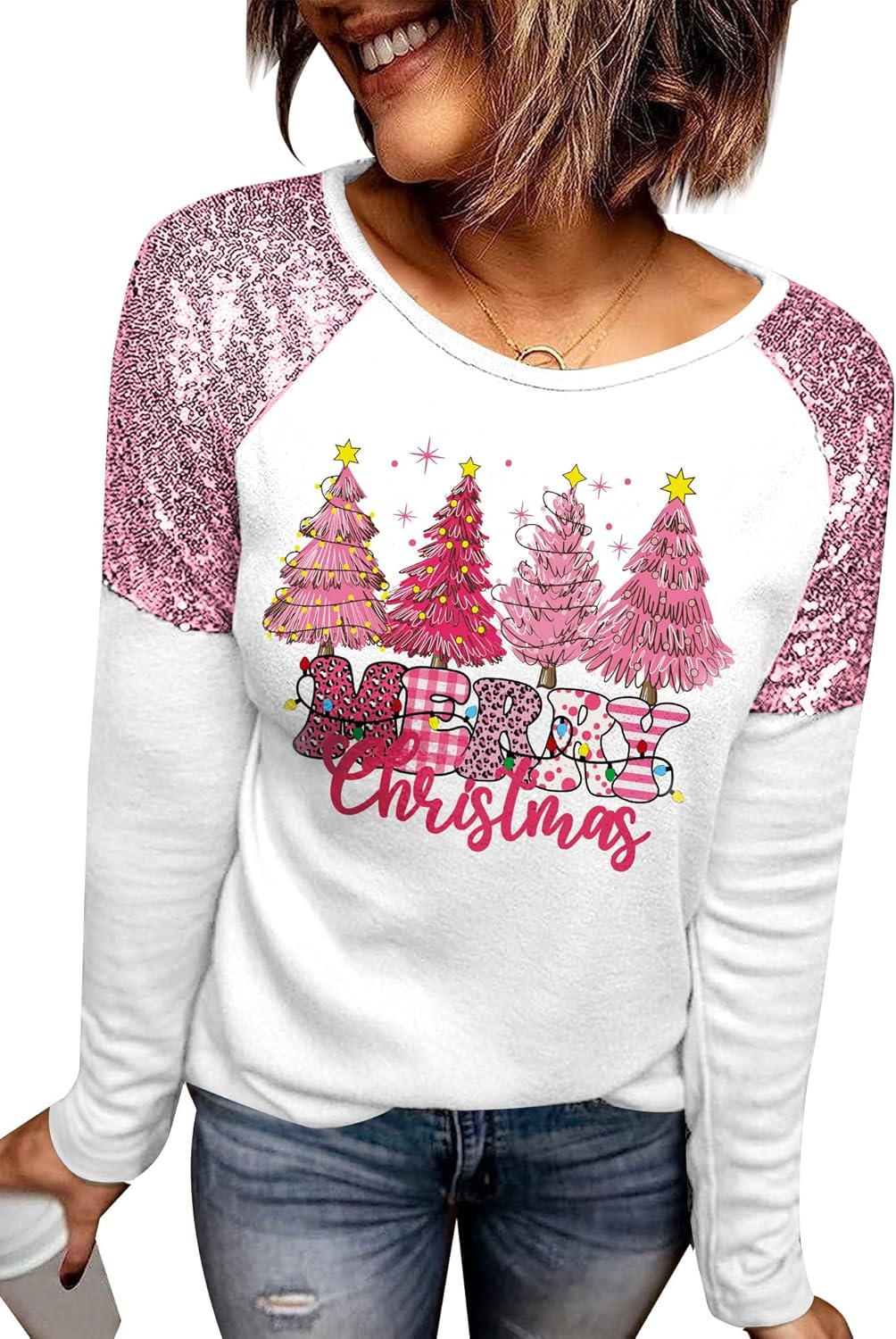 For G and PL Women's Christmas Long Sleeve Sequin Raglan Sparkle Sweatshirt