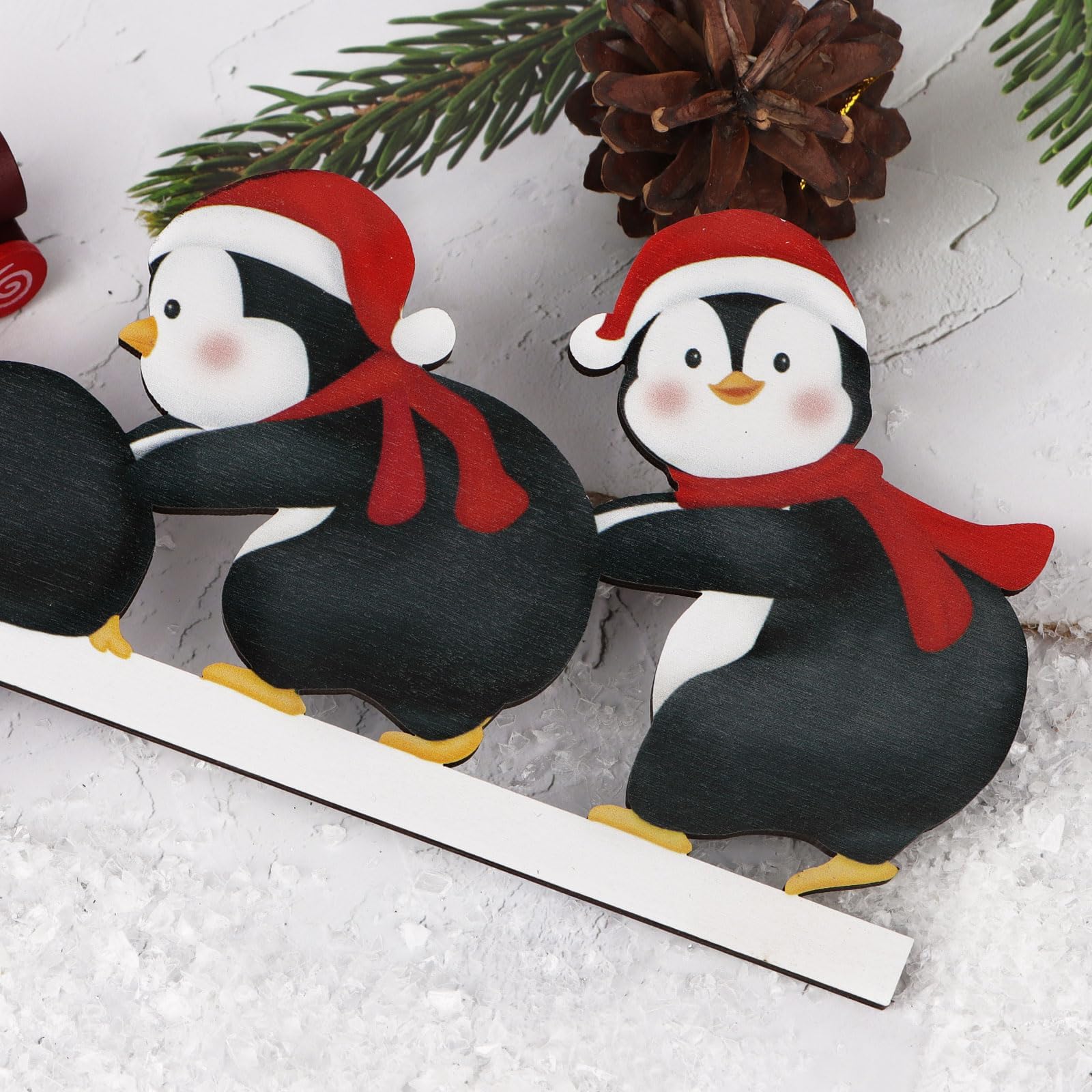 Décoration De Noël Pour Cadre De Porte En Bois - Double Face, Motifs Pingouins, Avec Pastilles Adhésives Transparentes