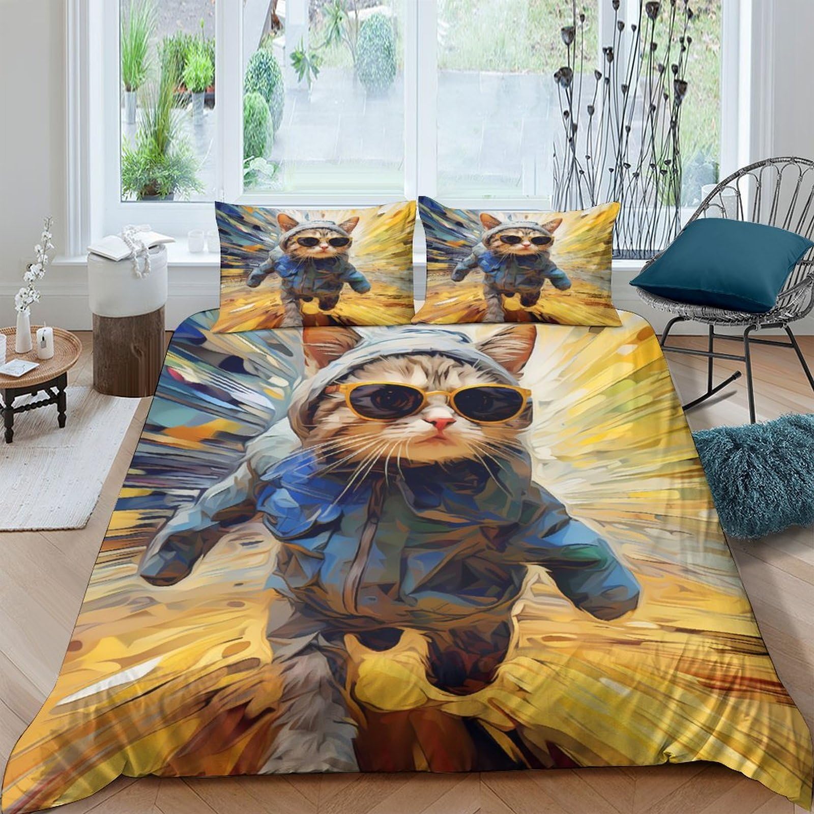 Ctjqhvkz Style-9 3D Printed Cool Cat Fitted Sheet Microfiber Soft Yellow Sunglasses Mattress Cover For Bedroom Dorm Decor Protection Single（135X200cm）