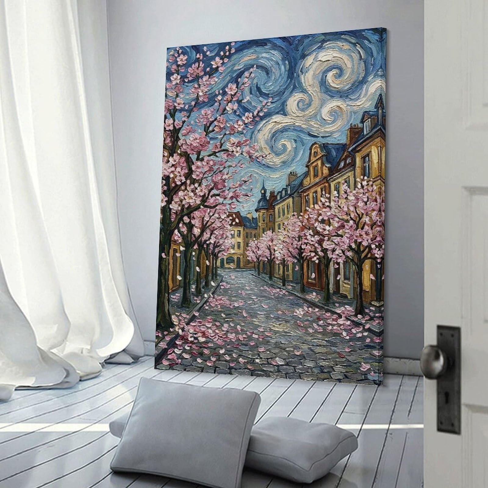 Junmoney Cherry Blossoms on Cobblestone Street Painting Room Decor Wall Art 24x36inch(60x90cm), for Art Walls, Layered Displays Or Homes, Wall Decor Suited to Curated Displays