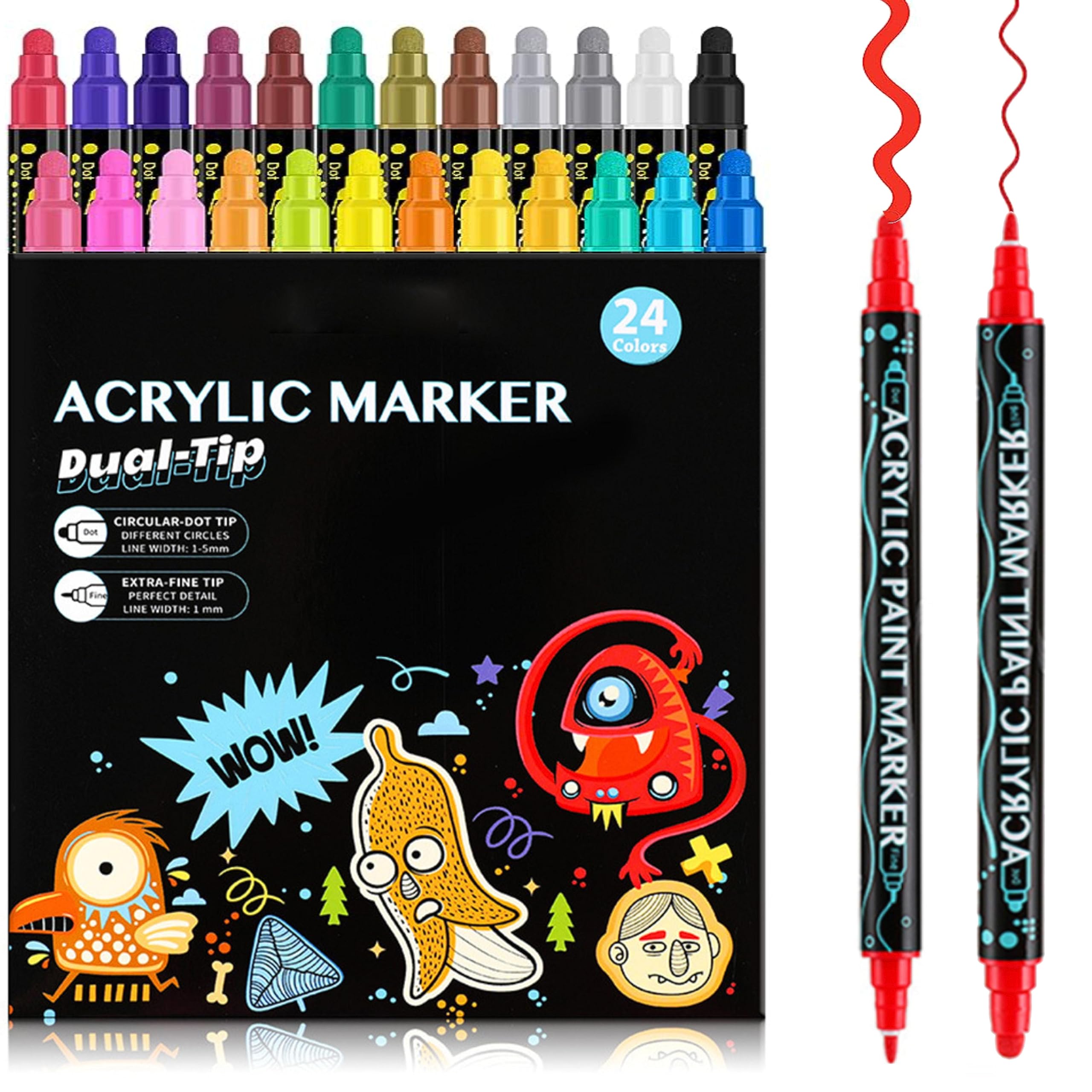 NESLINDual Tip Acrylic Paint Pens Markers, Acrylic Paint Pens with Medium Tip and Fine Point Quick Dry for Wood, Canvas, Stone, Rock Painting, Glass, Ceramic Surfaces, DIY Crafts Making (24)