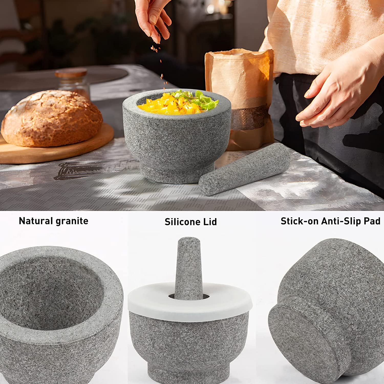Mörser Mit Stößel Granit 15cm - 3in1 Set Mit Silikonabdeckung & Rutschfester Basis