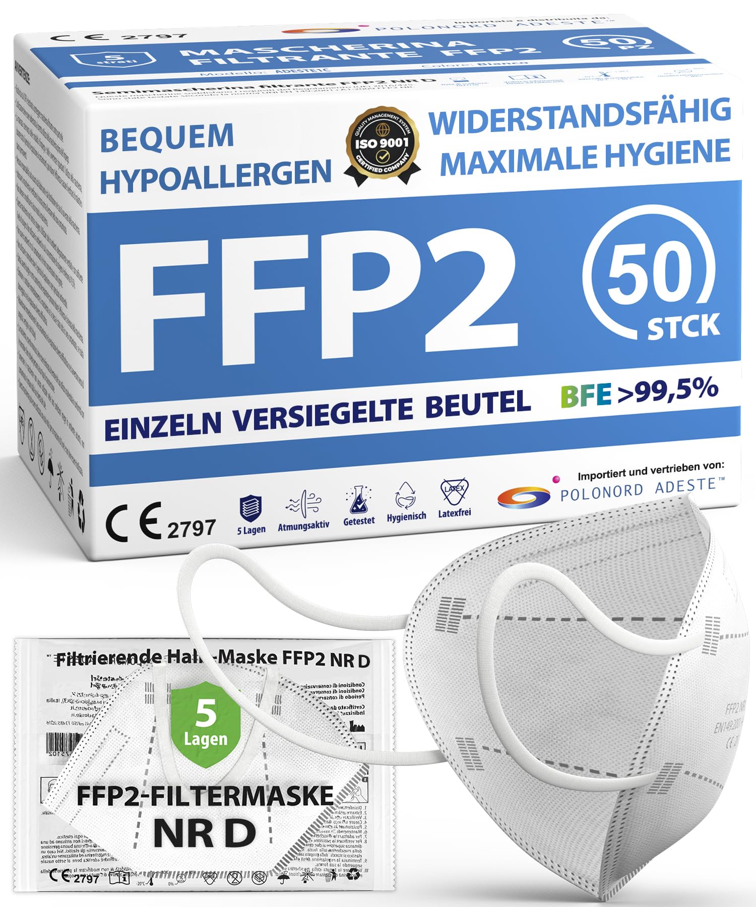 ADESTE – 50x FFP2 NR D Maske, Hygienische 5-lagige Staubschutzmaske, EN149:2001+A1:2009 Mundschutzmaske EU2016/425, Weiß, Atemschutzmaske, Einzelne versiegelte Beutel