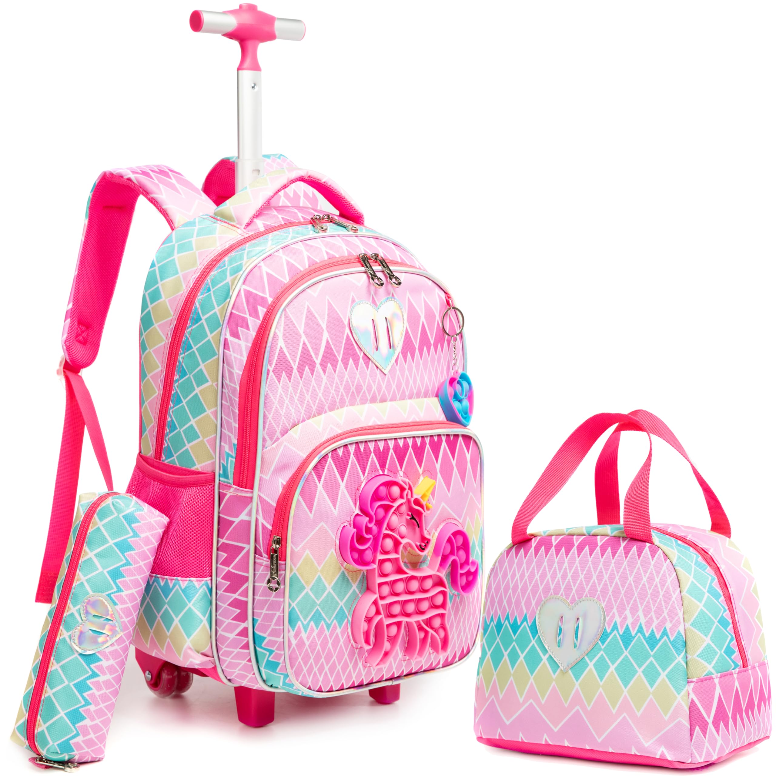 Meetbelify Cute Unicorn Rolling Backpack for Girls Backpacks with Wheels for Elementary Kids Pink Suitcase Set Travel Laptop Luggage for Girls Age 6-8
