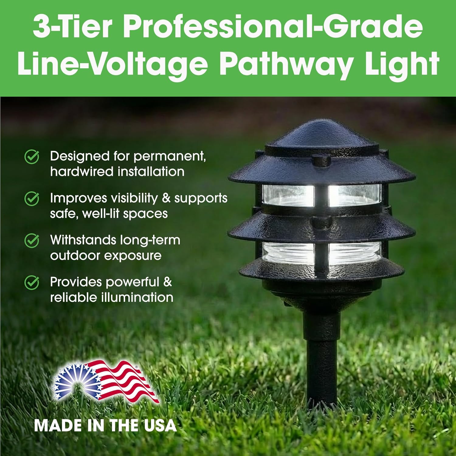 Greenfield Weatherproof Line-Voltage (120V) 3-Tier LED Outdoor Pathway Light – Permanent Outside Light for Walkway, Driveway & Landscaping – Professional Grade & Made in USA – Black