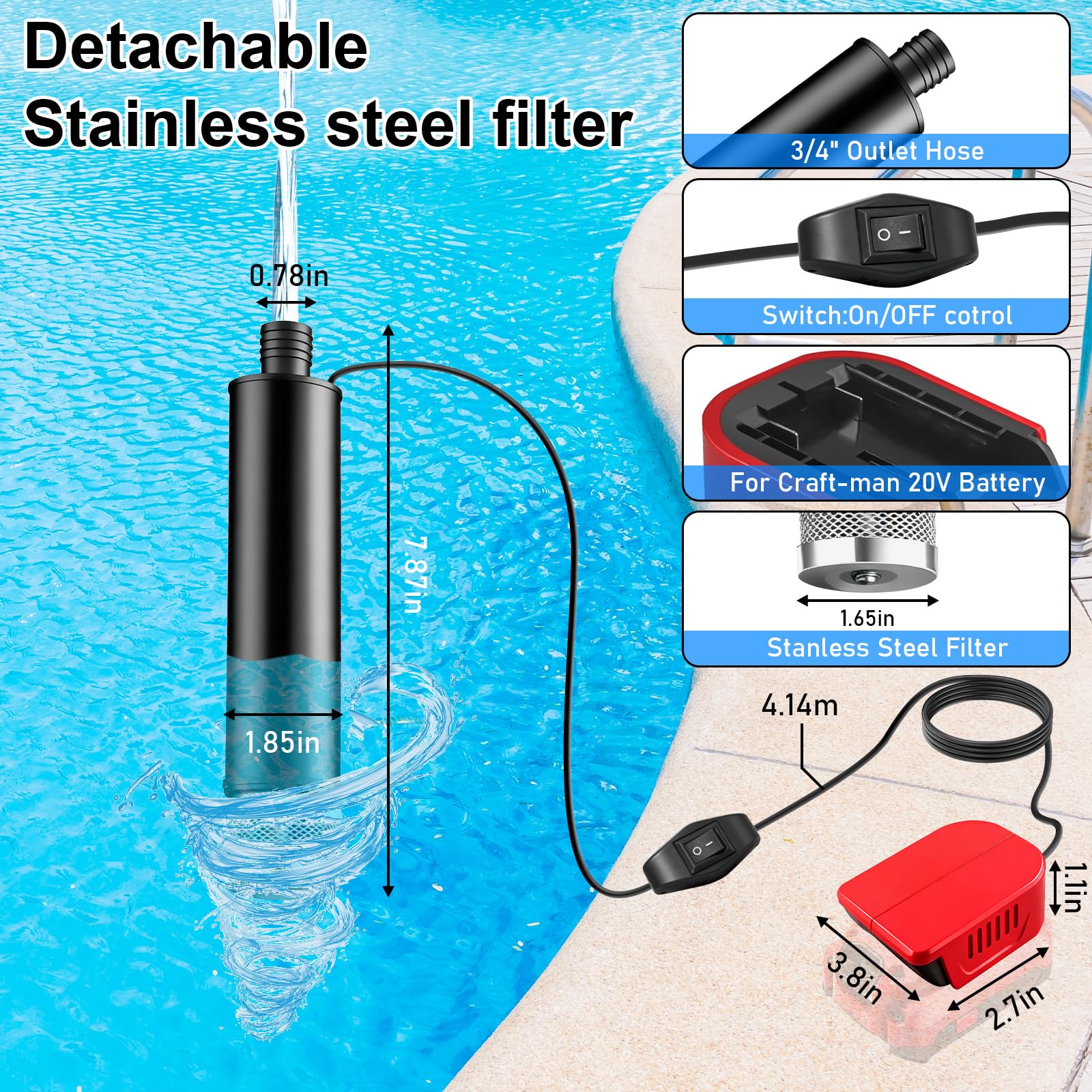 Mini pompa dell'acqua per Einhell PXC batteria agli ioni di litio da 18 V, 30 l/min, 4500 giri/min, pompa sommersa per batteria Einhell da 18 V, pompa dell'acqua sporca, per giardino, vasca