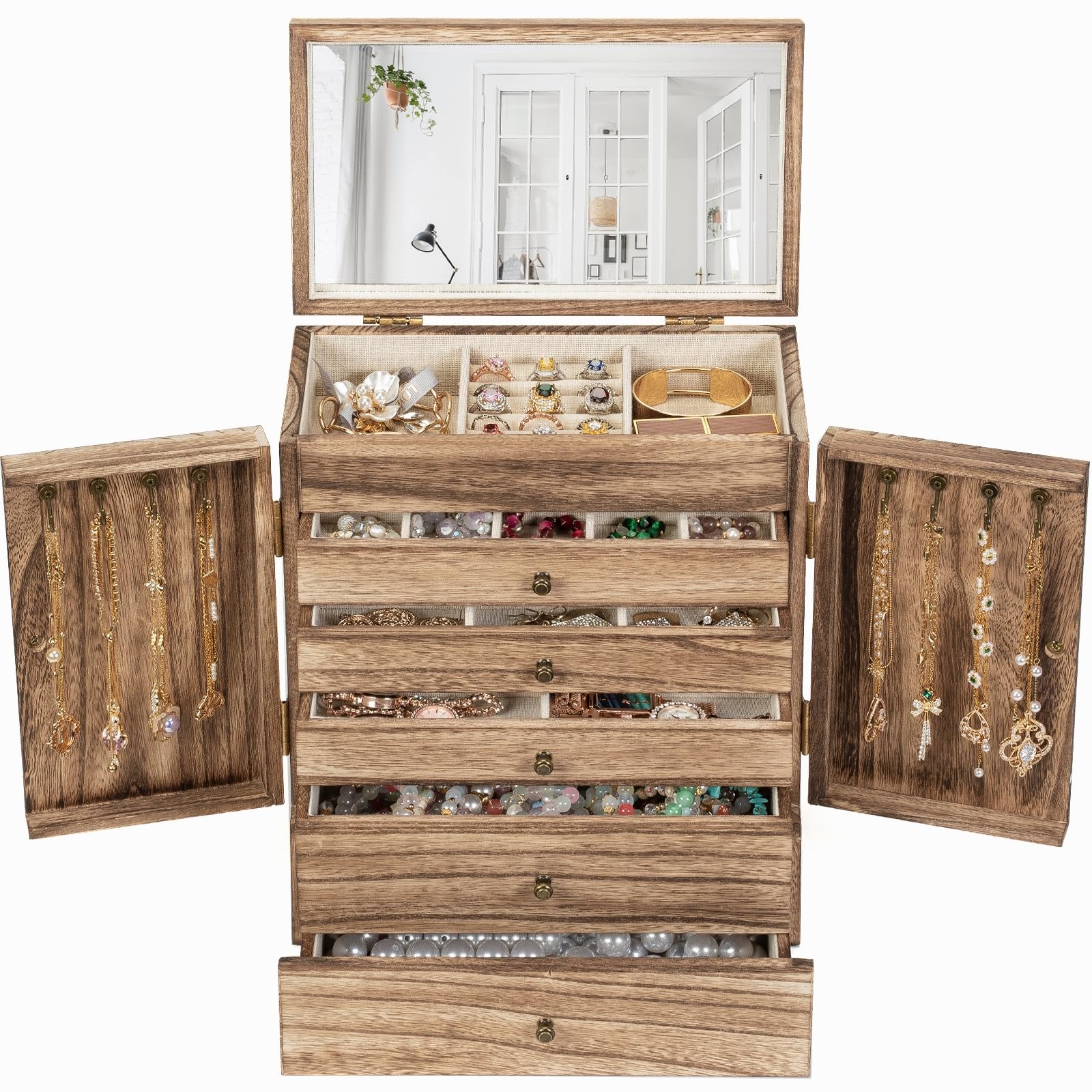 Emfogo Wooden Jewelry Box for Women 6-Tier Large Jewelry Organizer Boxes with Mirror Rustic Solid Wood jewlery Storage