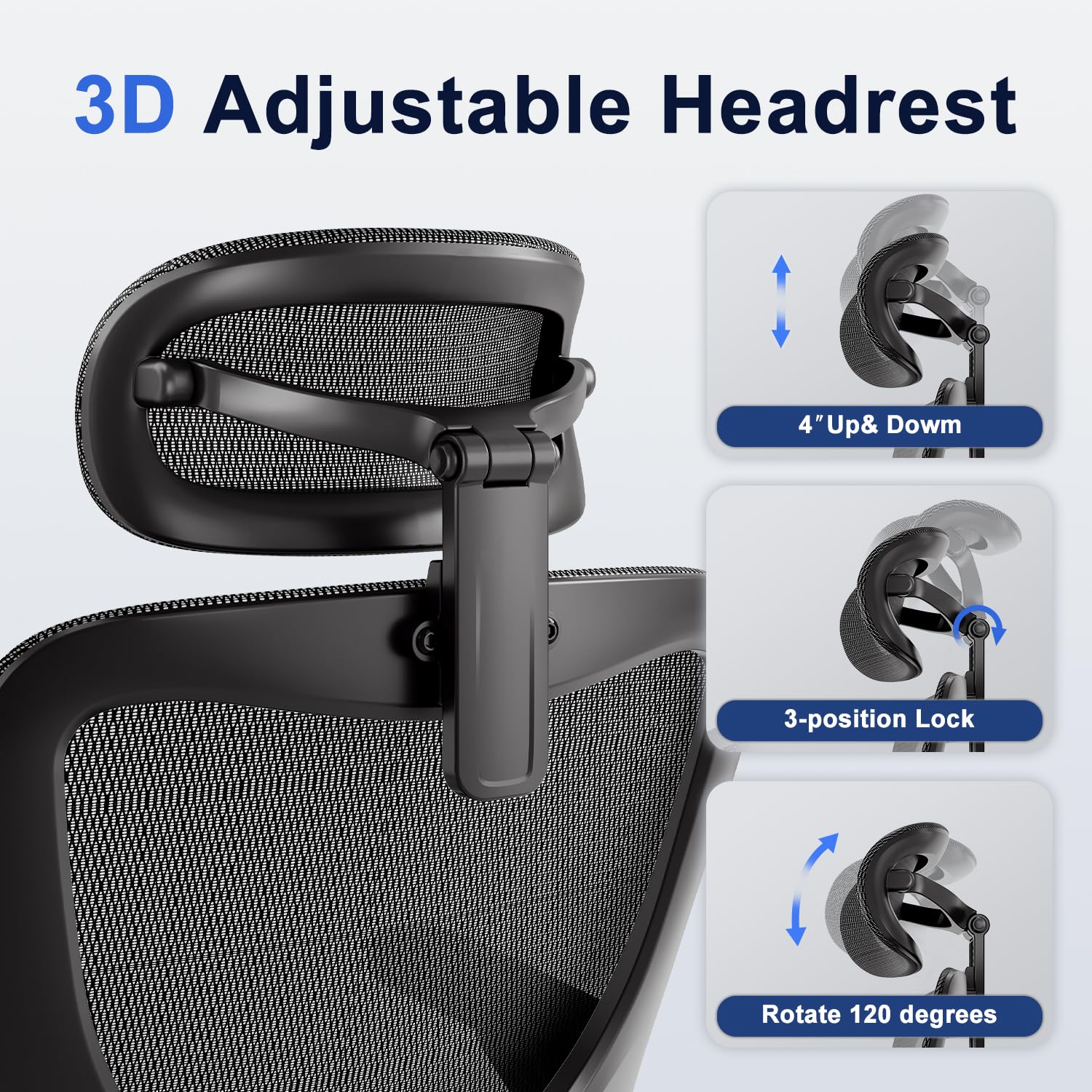 Ergonomic Office Chair，Mesh Seat Cushion with 3D Armrests and 3D Headrest, Adjustable Lumbar Support with Rocking Function, SGS Class 4 Gas Clylinder，Black