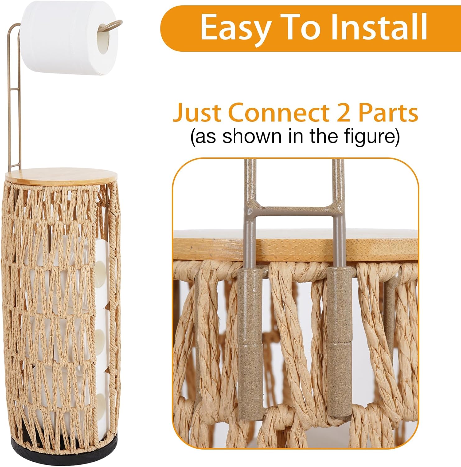 Freestanding Wicker Toilet Paper Holder with Lid&Storage-Holds 4 Rolls,Handmade Woven Rattan Organizer Basket for Bathroom,Boho Farmhouse Decor Tissue Stand with Storage Shelf