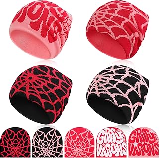 5 Pcs Y2K Beanies Spider Web Pattern Beanie Gothic Spider Pattern Knitted Hat Y2K Gothic Casual Warm Hat for Men Women Skiing Sports Camping Outdoor Winter Sports