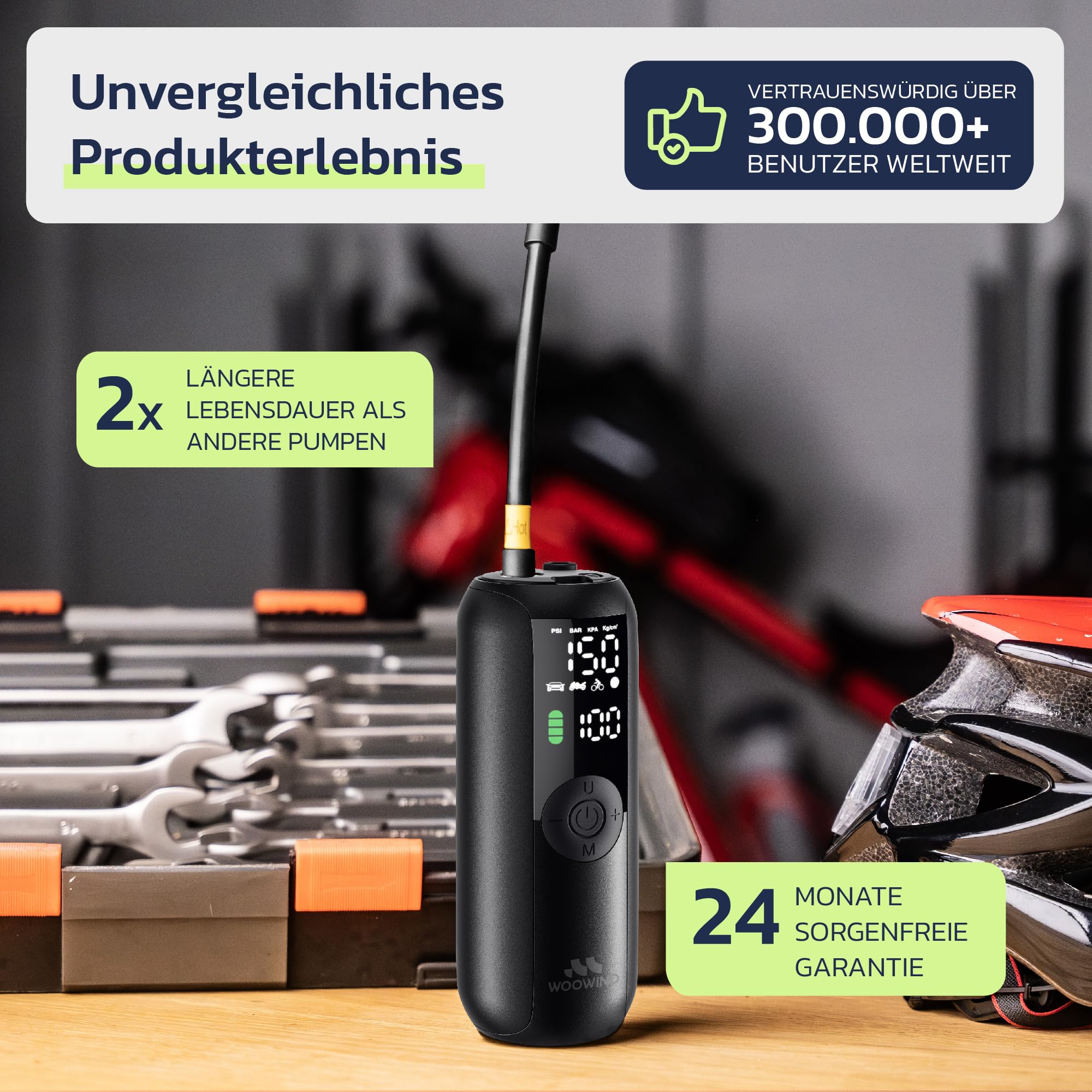 Woowind LP1 Luftpumpe Fahrrad, Fahrradpumpe Elektrisch, 1-Minuten-Aufpumpen, 150PSI/10,3Bar Akku Kompressor, Elektrische Luftpumpe, Automatischer Abschaltung, LCD-Display, LED-Licht