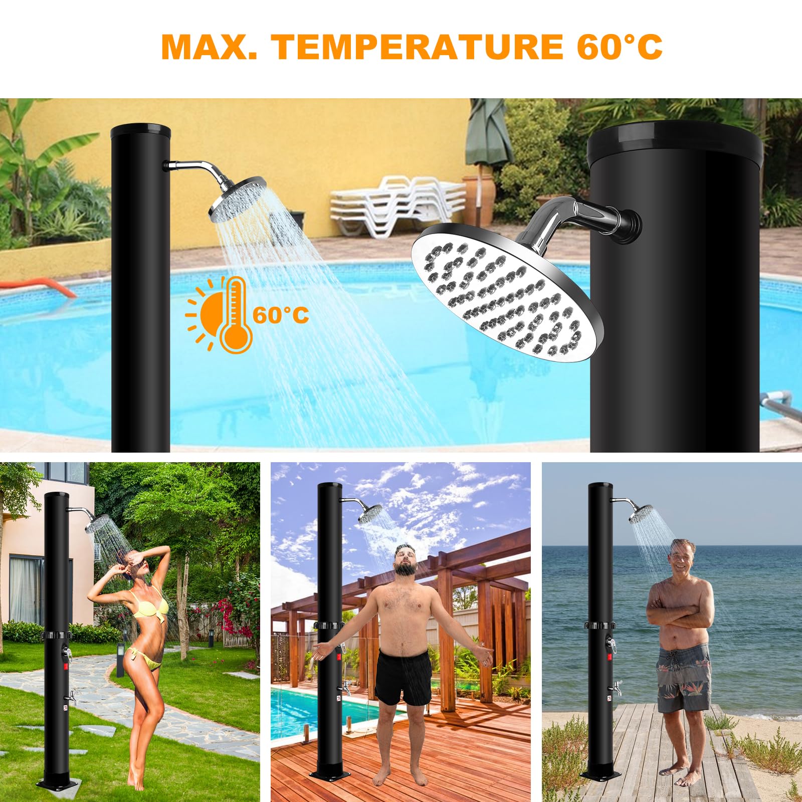Douche Solaire 40L - Douche de Jardin Solaire Chaude avec Robinet et Pommeau de Douche à Effet Pluie, Température Réglable Jusqu'à 60°C, Douche Solaire Exterieure Idéal pour Piscine Plage Jardin