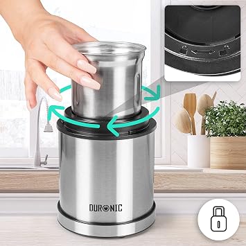 Duronic Electric Blade Coffee Grinder CG421, 2 in 1 Spice Grinder Kitchen Machine, Wet & Dry Grinding Mini Mill Hopper, 75g/220ml, 200W, 2X Stainless Steel Cups for Beans, Herbs, Nuts