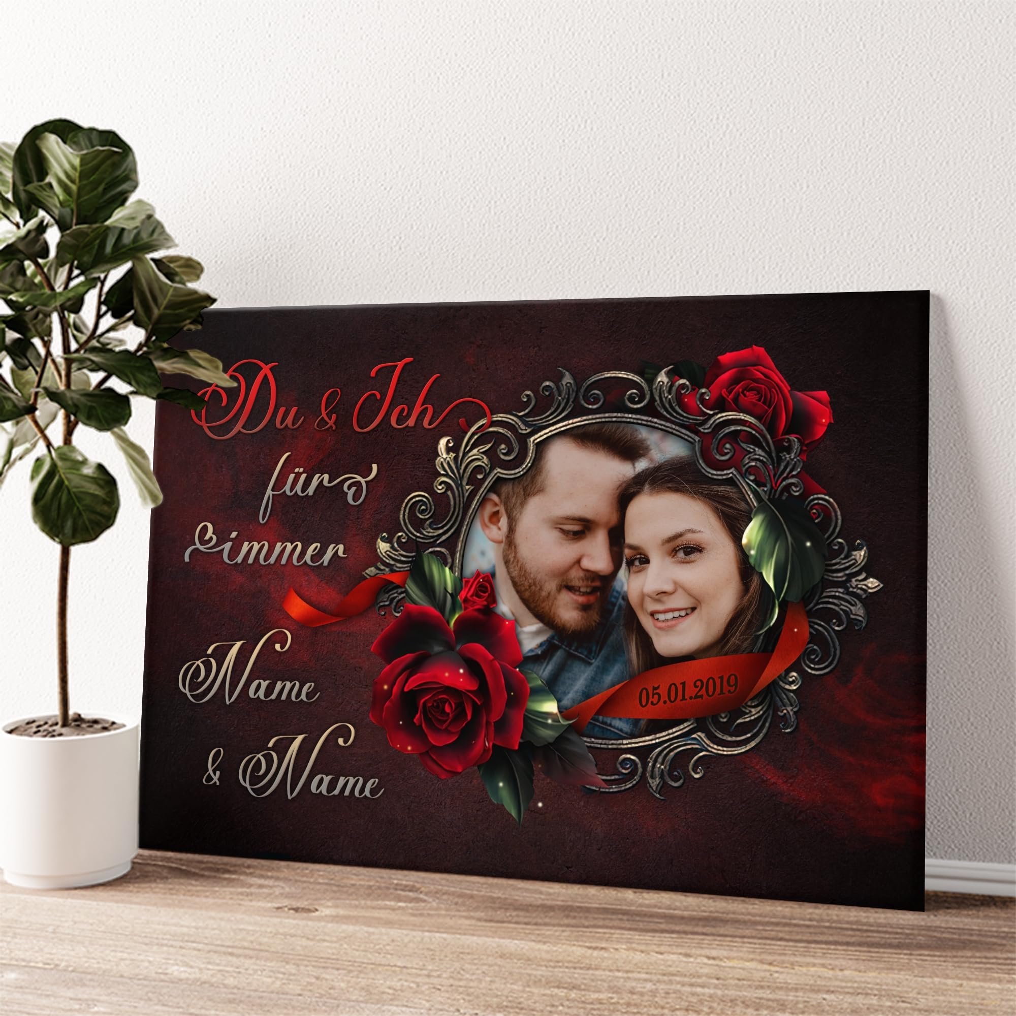 Liebesleinwand Das sind wir Leinwand | Leinwandbild mit Foto, Namen und Datum | Wandbild gestalten | Jahrestag Geschenk für Frau Freundin Mann Freund | Rose