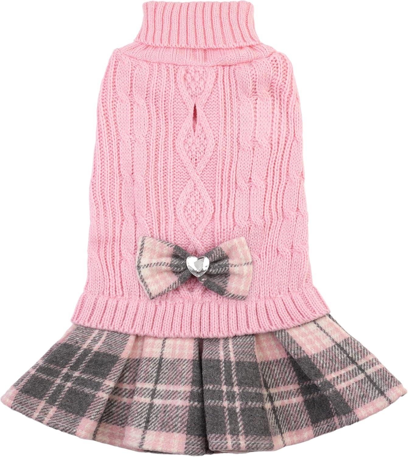 Small Dog Sweater Dress with Bowtie Turtleneck Knitted Puppy Winter Clothes Girl Warm Dog Sweaters with Leash Hole for Yorkies Chihuahua Toy Poodle (S, Pink)