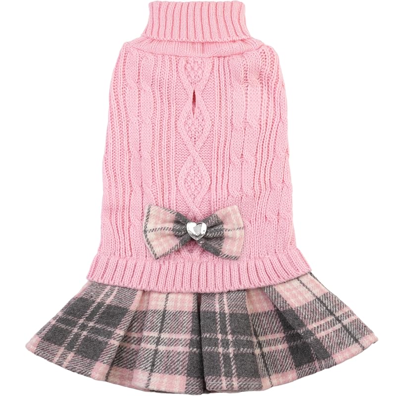 Suéter vestido para cães pequenos com gola alta, laço e abertura para guia Hpetppy Pink tamanho Médio (4,08–6,81 kg)