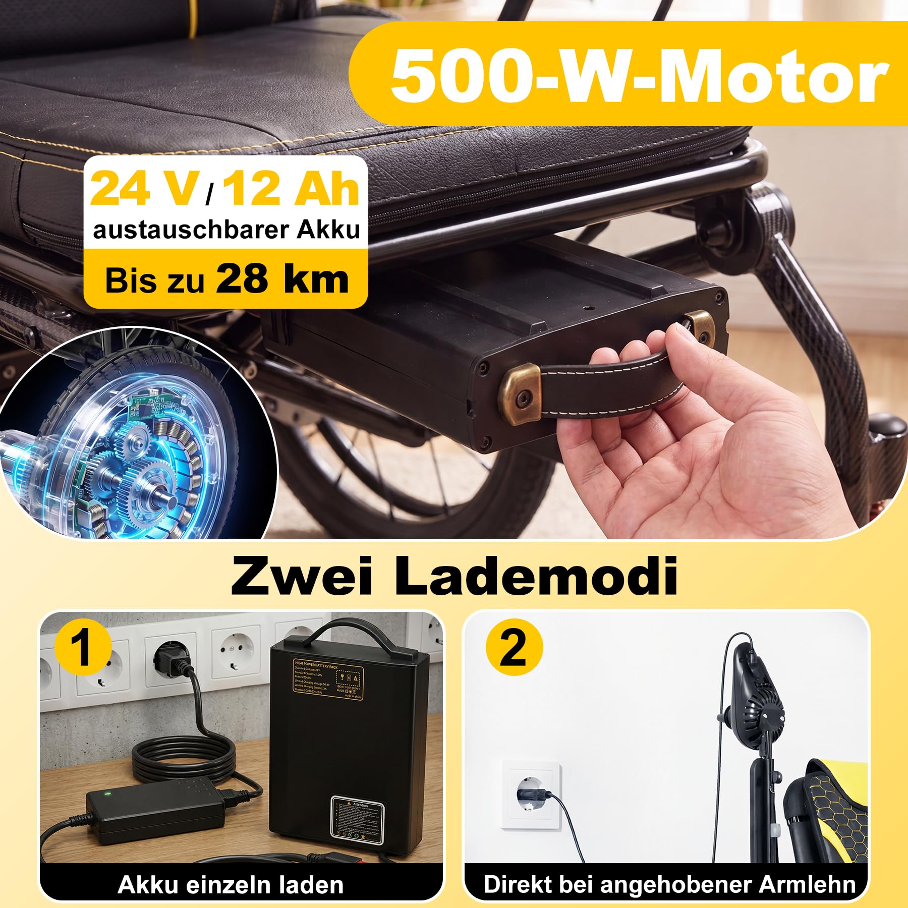 Elektrischer Rollstuhl Faltbar und Leicht, 28 km Reichweite | Intelligente Bremse, Ergonomisch, Kompakt, Flugtauglich