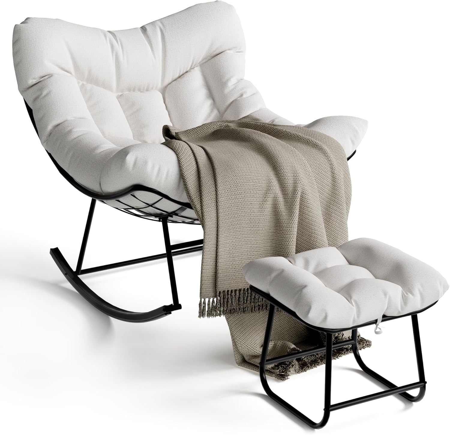 GAOMON Outdoor Oversized Papasan Rocking Chair with Footrest - Patio Lounge Chair with Ottoman, Sturdy Metal Frame Rattan Egg Rocker for Balcony Backyard Porch, Bedroom, Living Room, White