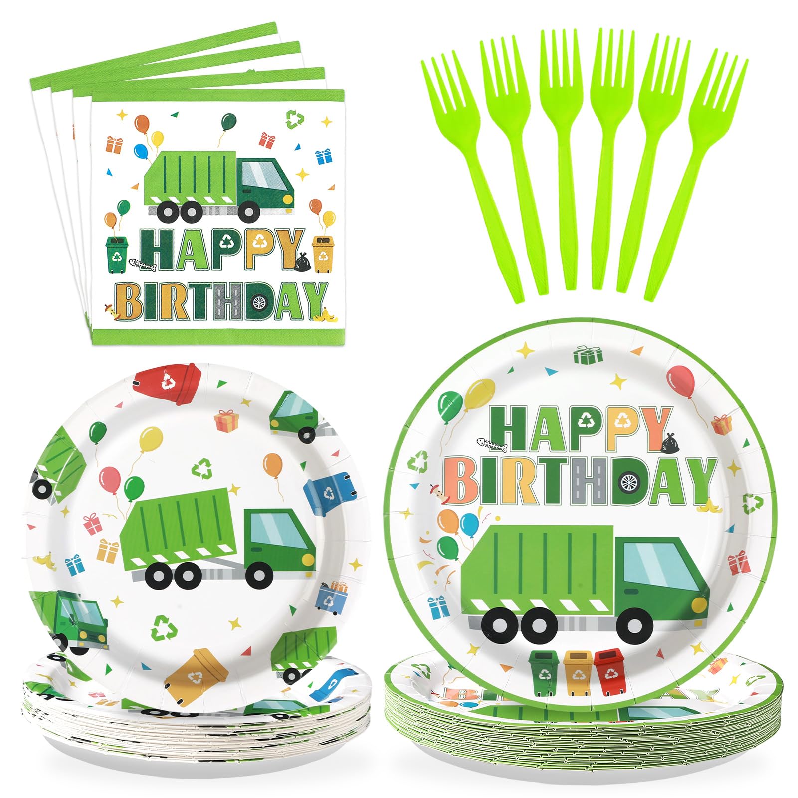 96Pcs Trash Truck Birthday Decorations for Recycling Party, Serves 24