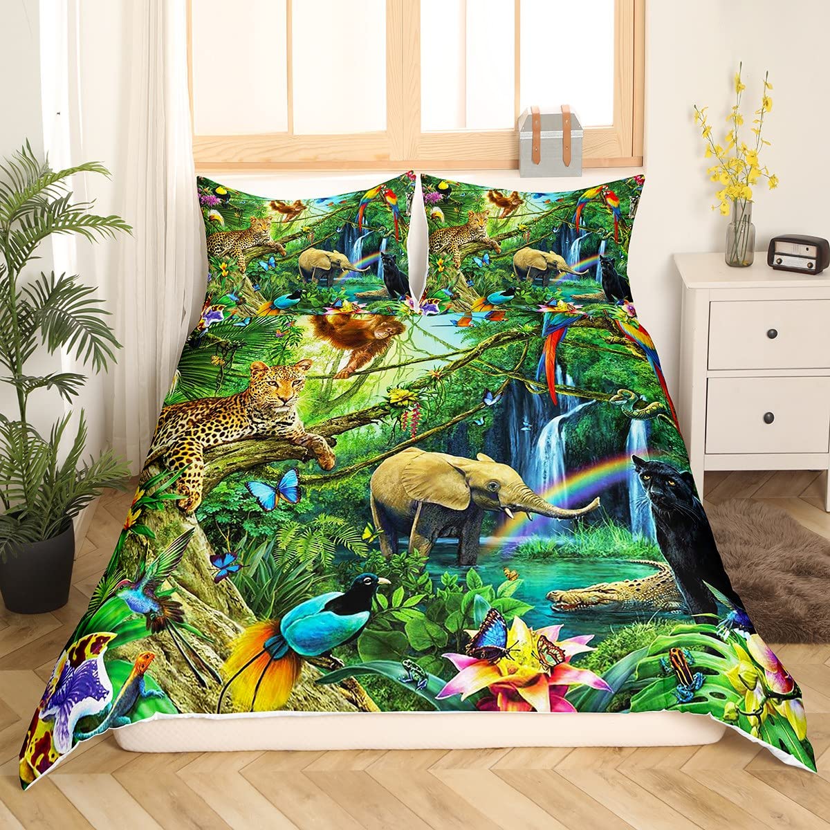 Zoom Thème Housse de Couette Léopard Éléphant Singe Oiseau Parure de Lit 220x240cm Papillon Serpent Botanique Ensembles de Housse de Couette pour Enfants Chambre Décor Avec 2 Taie d'oreiller