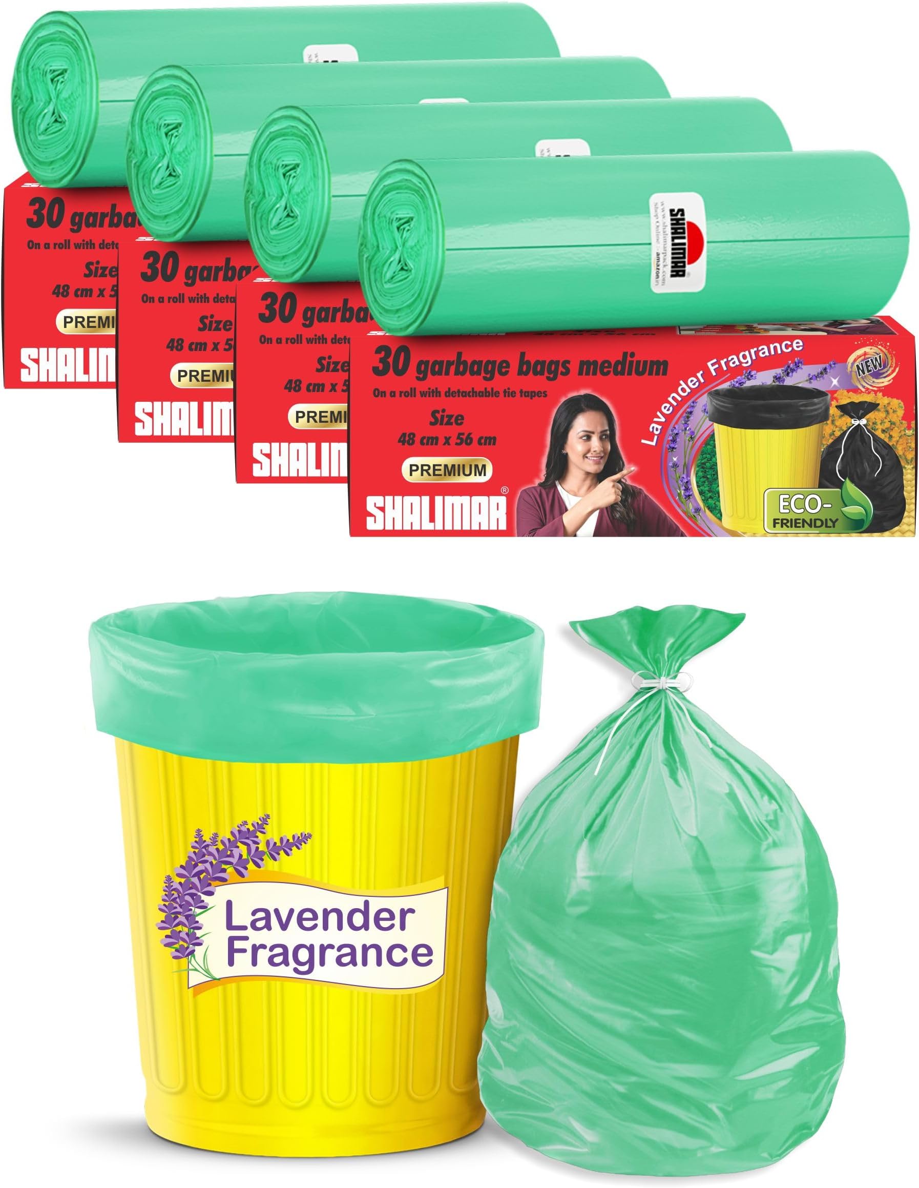 Shalimar Premium (Lavender Fragrance) Scented Garbage Bags | Medium 19 X 21 Inches | 120 Bags (30 Bags X 4 Rolls) | Dustbin Bag/Trash Bag | (Green) - Perforated Box for Easy Dispensing