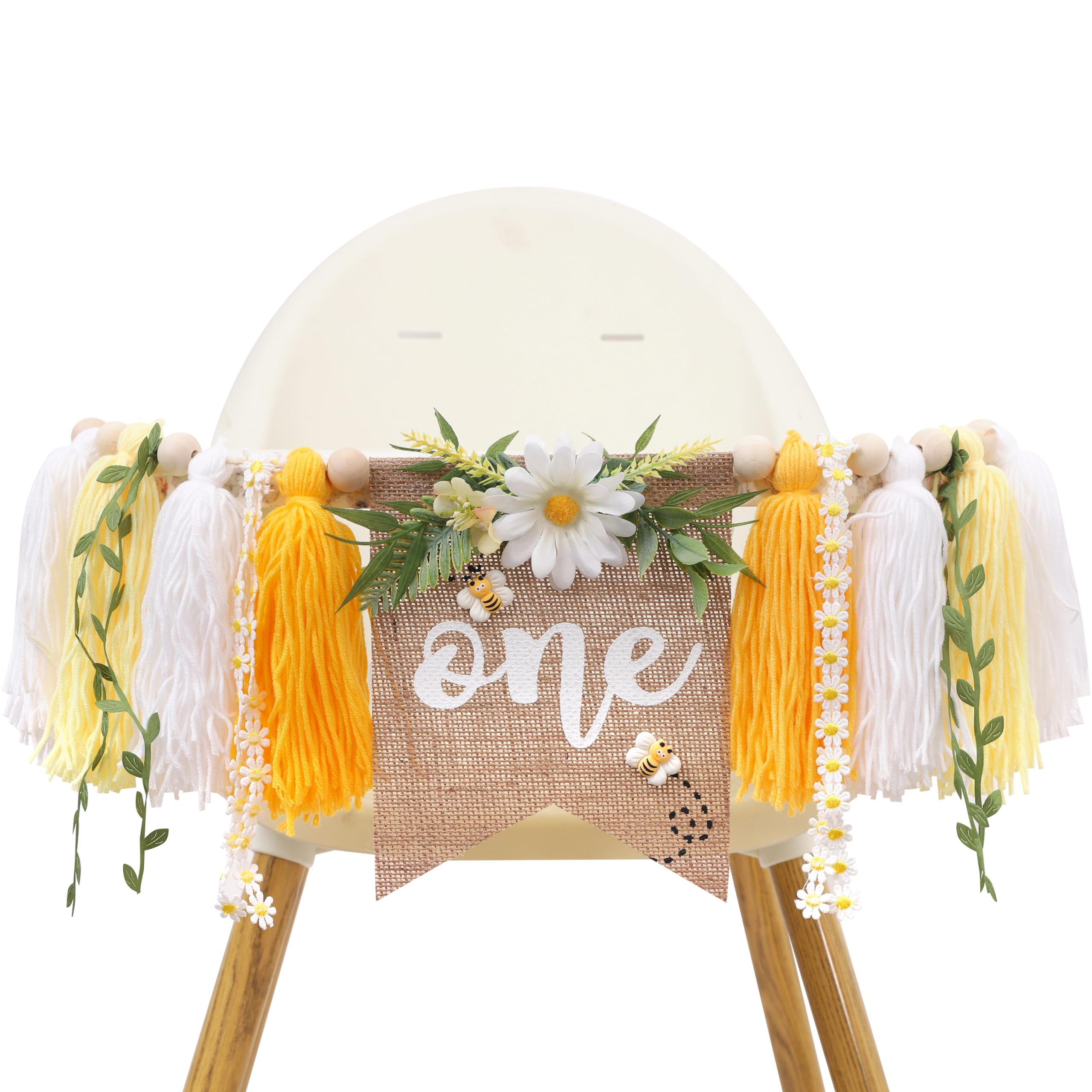 Bee Theme 1st Birthday High Chair Banner - First Bee Day Birthday Decorations, Be e and Daisy One Bday Highchair Tassel Banner, Happy Be e Day 1st