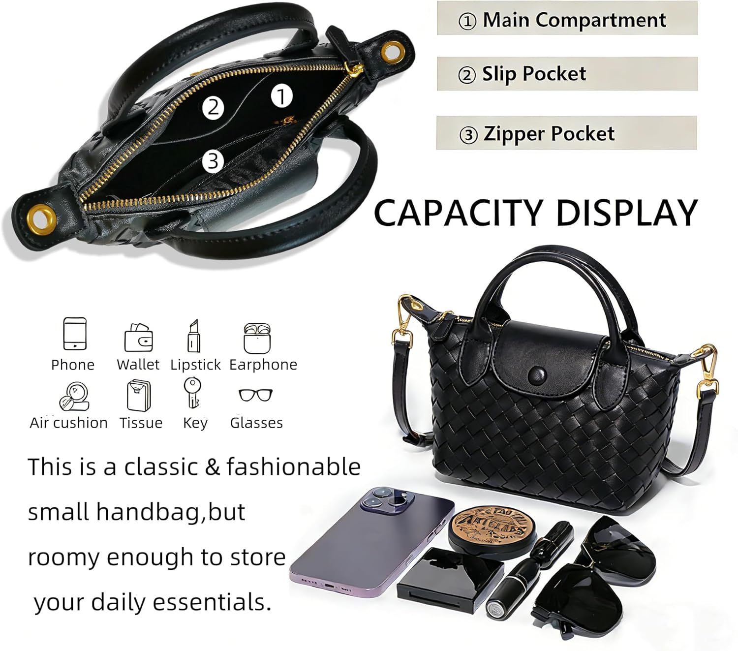 Small Vegan Leather Crossbody Bags For Women, Mini Woven Dumpling Handbag, Cute Top Handle Shoulder Purse For Travel Dating | Fashion lightweight - Image 5