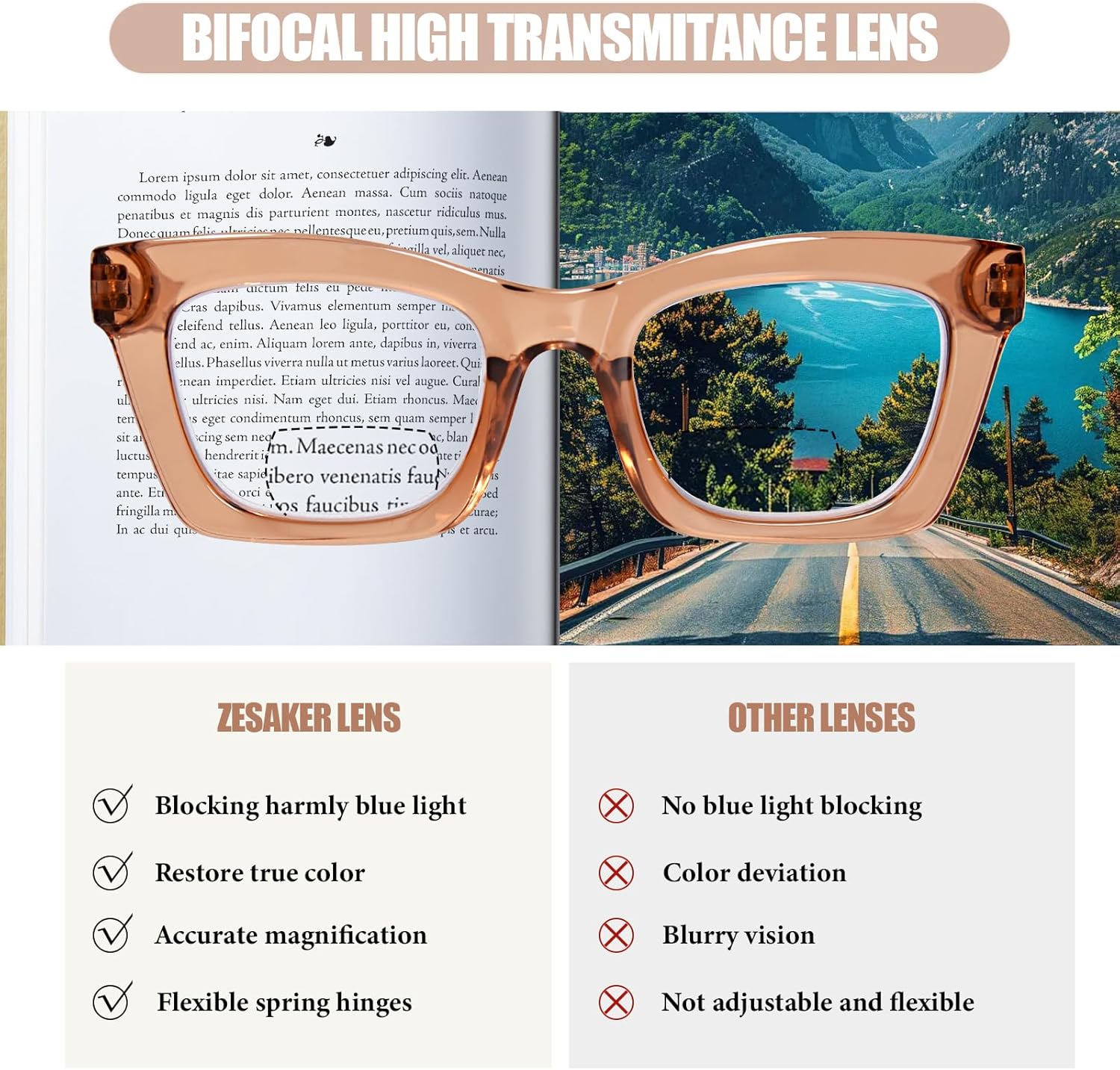 Bifocal Reading Glasses for Women Oversized Square Frame Clear Top Bifocal Readers for Women Blue Light Blocking Computer Readers with Spring Hinges (Champagne, 1.0) - Image 6