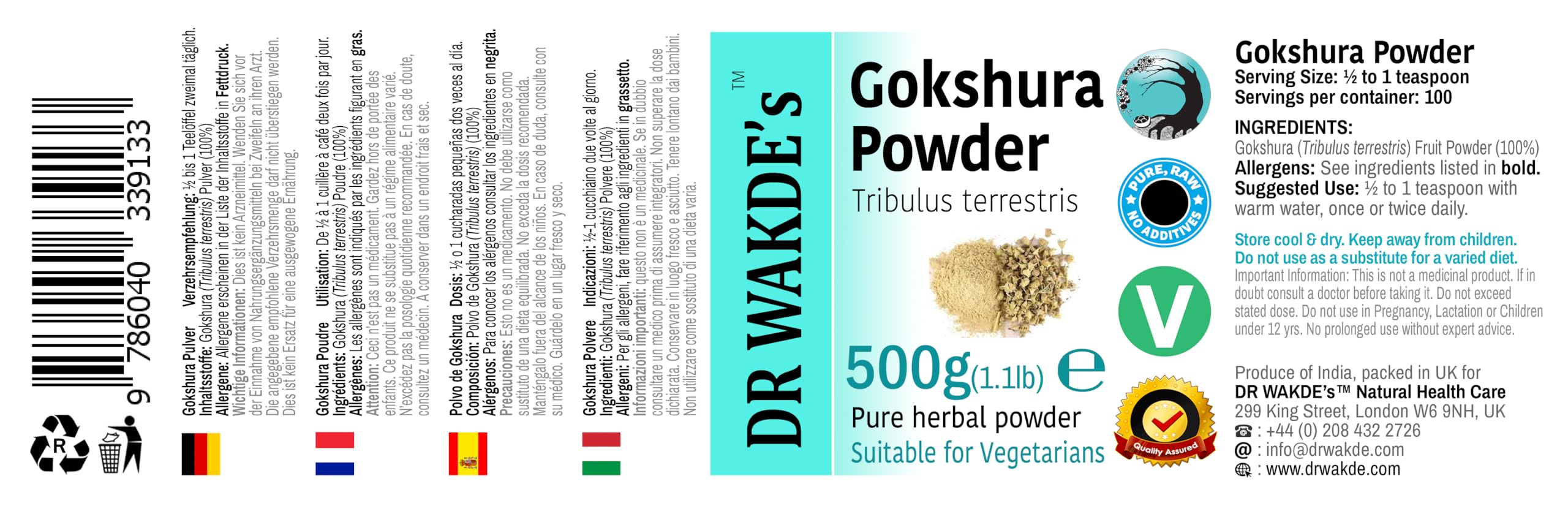 DR WAKDE'S® Gokshura Pulver (Tribulus terrestris) - 500g (1.1lb) I 100% Kräuter I Ayurvedische Nahrungsergänzung I KOSTENLOSER VERSAND auf mehrere I Mengenrabatt I Versand am selben Tag
